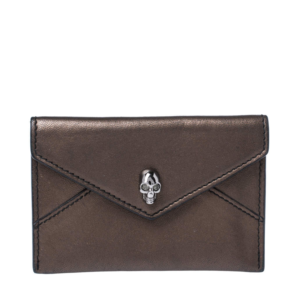 Pre Owned Alexander McQueen Metallic Brown Leather Skull Card Holder