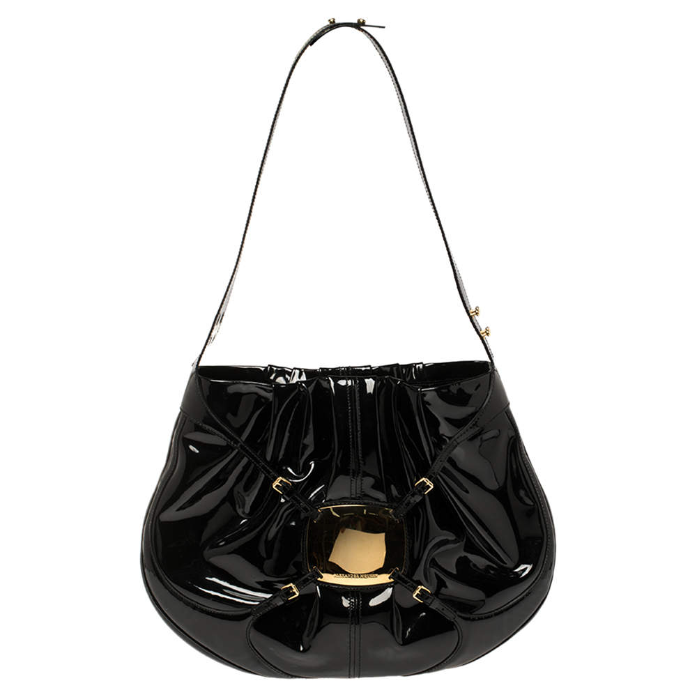 Pre Owned Alexander McQueen Black Patent Leather Clover Hobo