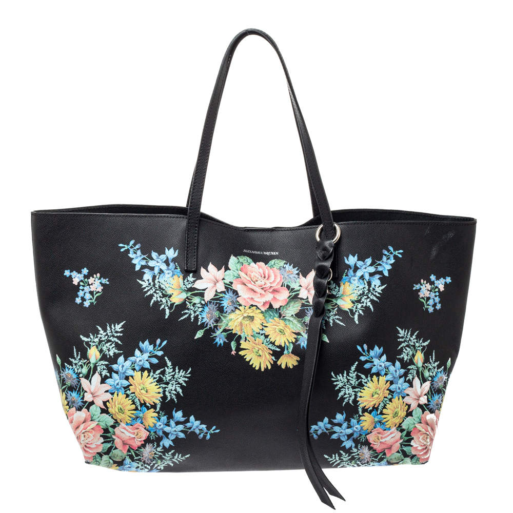 مملوكة مسبقًا Alexander McQueen Black Floral Print Leather Shopper Tote