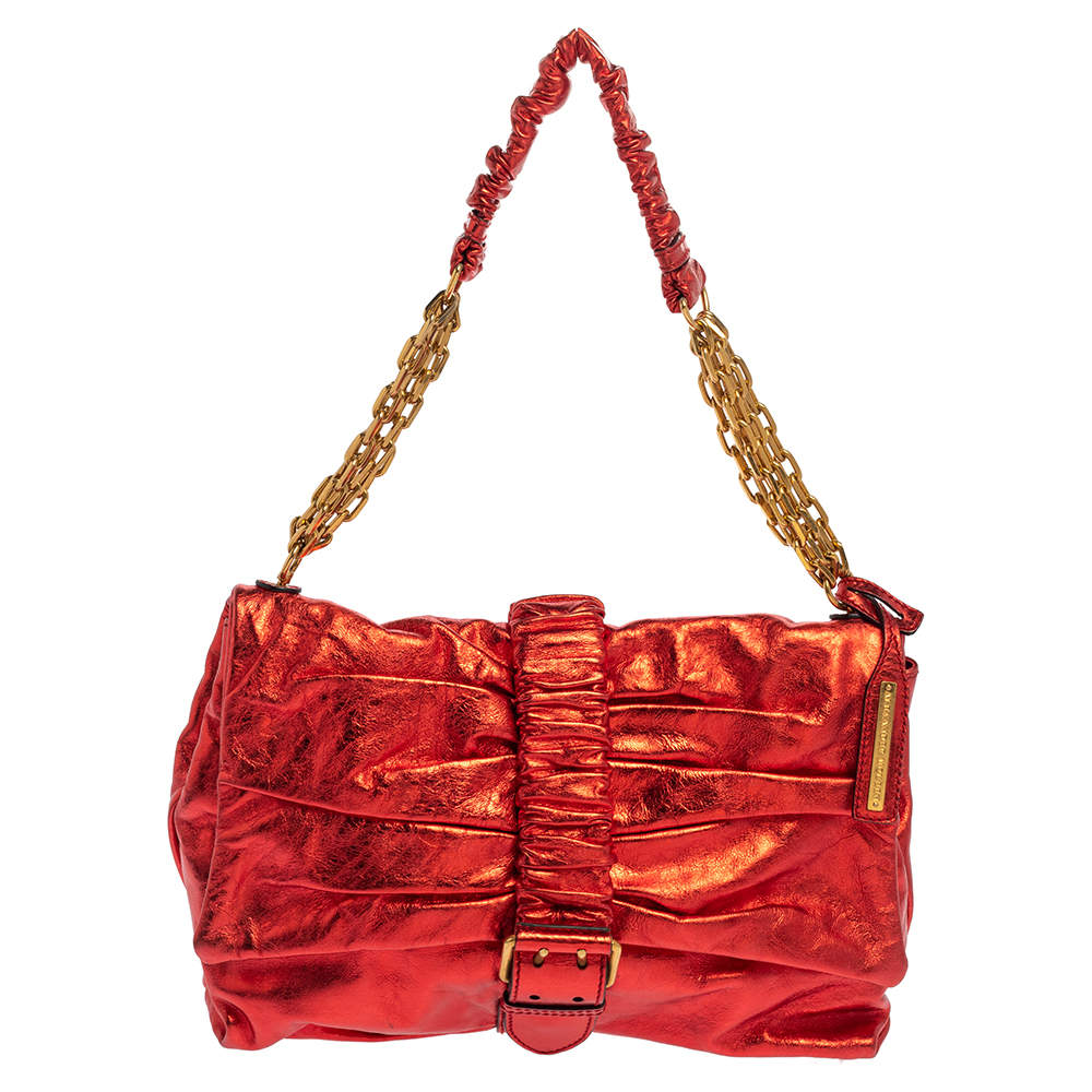 Pre Owned Alexander McQueen Metallic Red Leather Scrunch Shoulder Bag