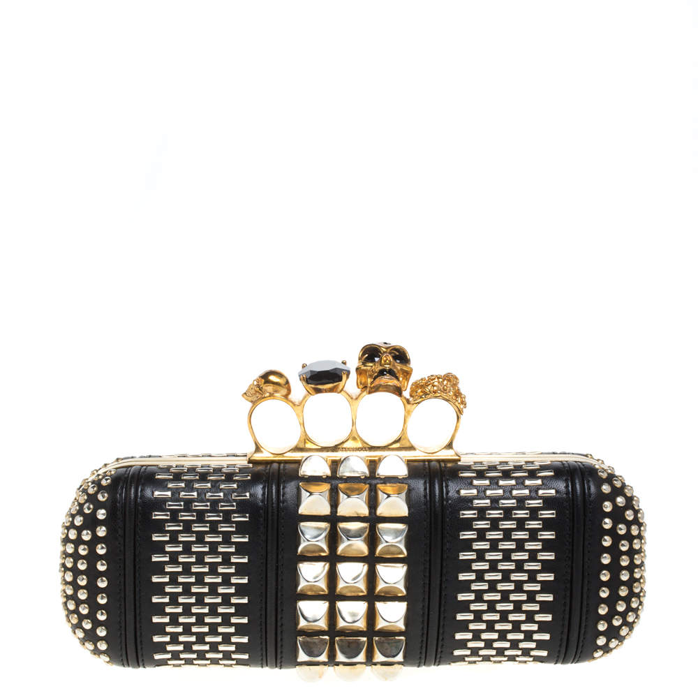 Alexander McQueen Black Studded Leather Skull Knuckle Clutch