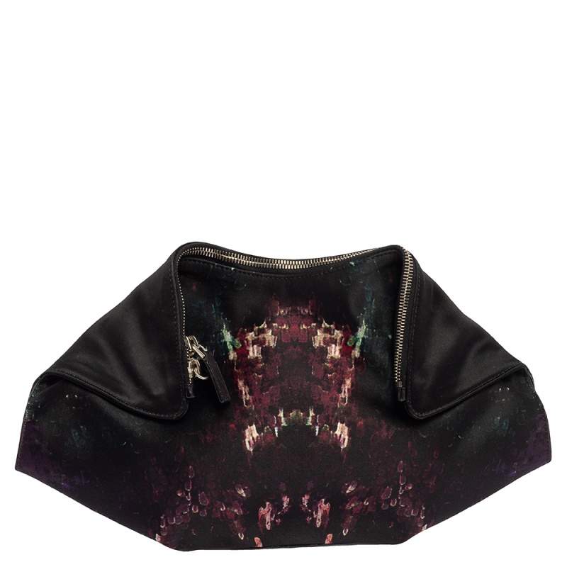 Alexander McQueen Multicolor Print Satin and Leather Medium De Manta Clutch