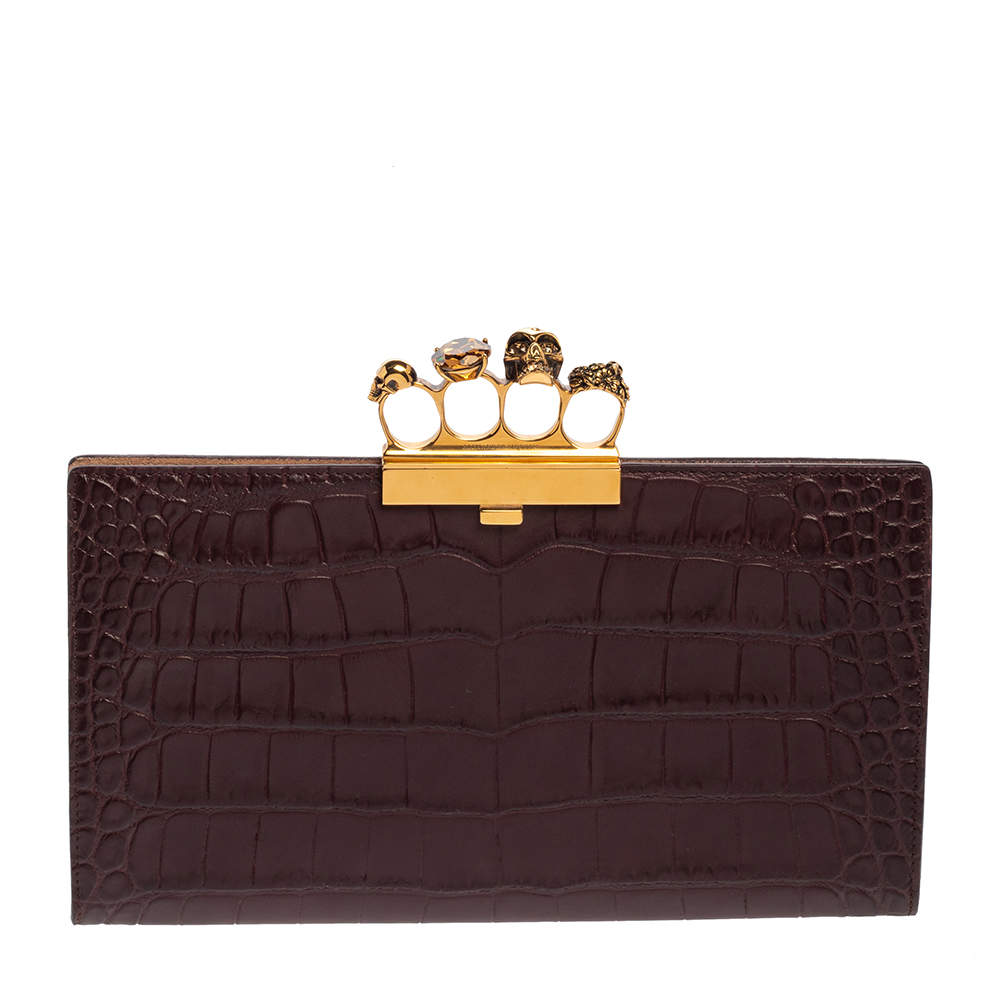 Pre Owned Alexander McQueen Burgundy Croc Embossed Leather Skull Knuckle Flat Clutch