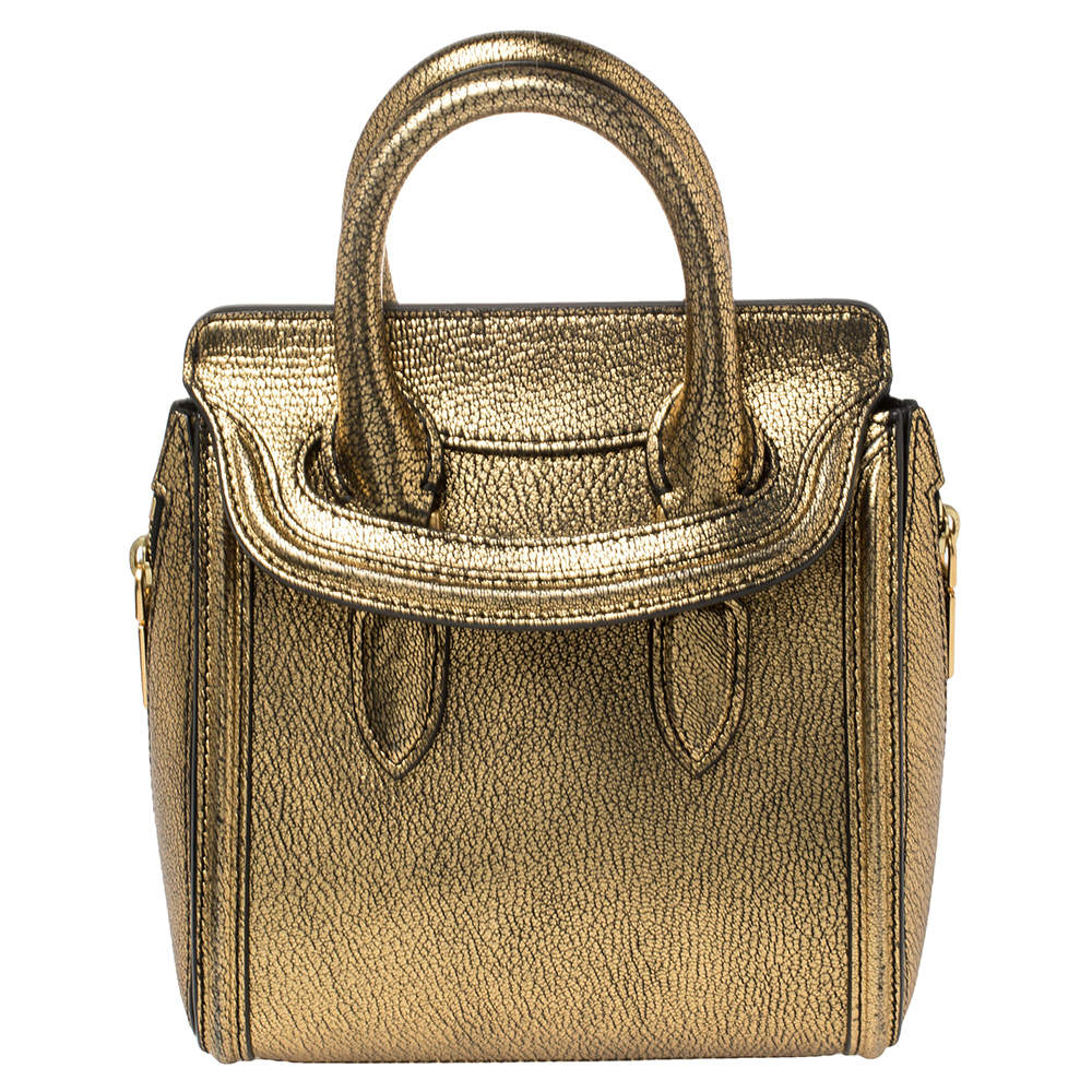 Pre Owned Alexander McQueen Metallic Gold Leather Mini Heroine Bag