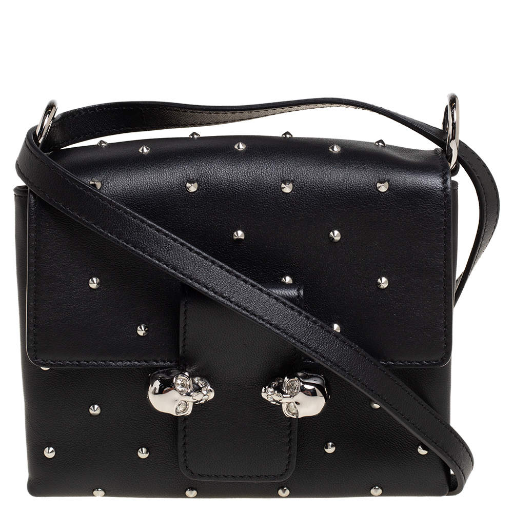 Pre Owned Alexander McQueen Black Leather Twin Skull Studded Crossbody Bag