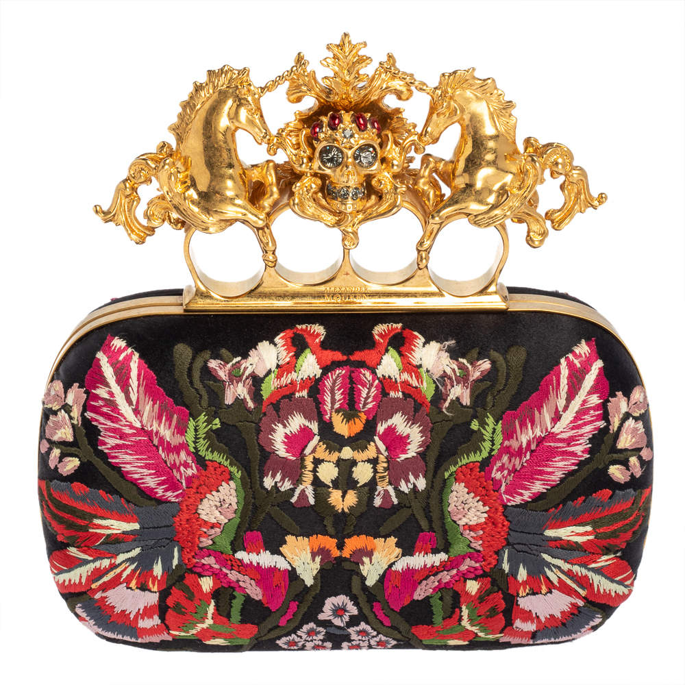 Pre Owned Alexander McQueen Black Satin Floral Embroidered Skull and Unicorn Knuckle Clutch