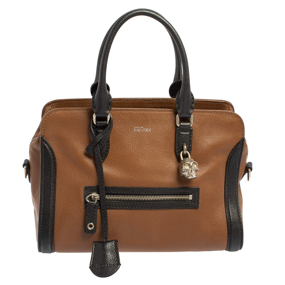 مملوكة مسبقًا Alexander McQueen Brown/Black Leather Skull Padlock Satchel