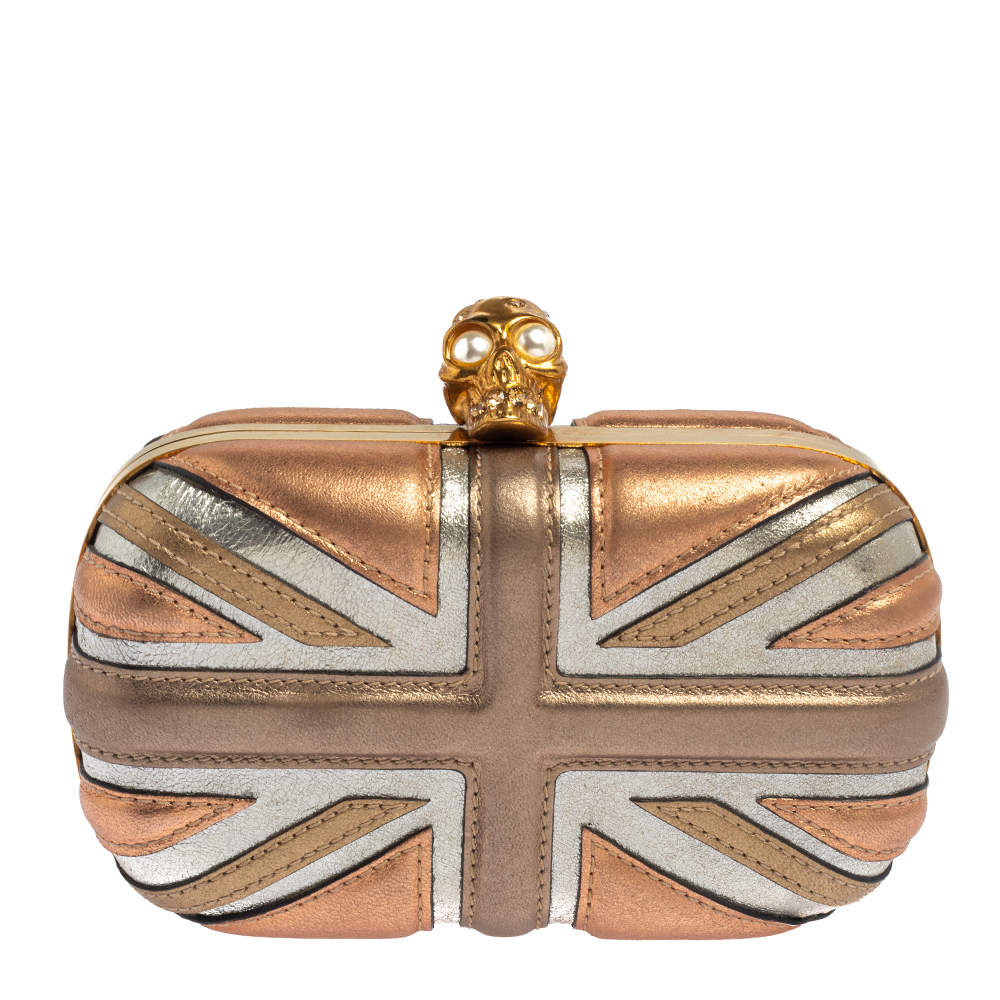 Pre Owned Alexander McQueen Metallic Multicolor Leather Britannia Skull Box Clutch