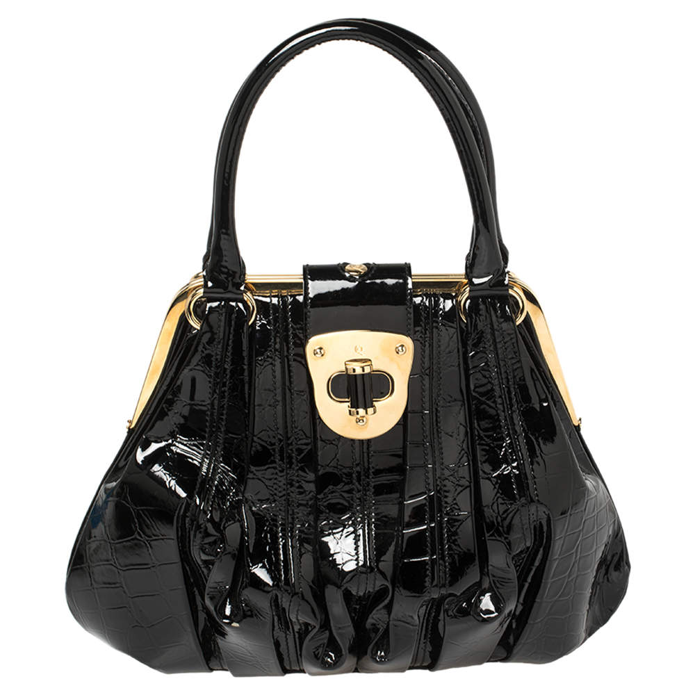 Pre Owned Alexander McQueen Black Croc Embossed Patent Leather Elvie Bag