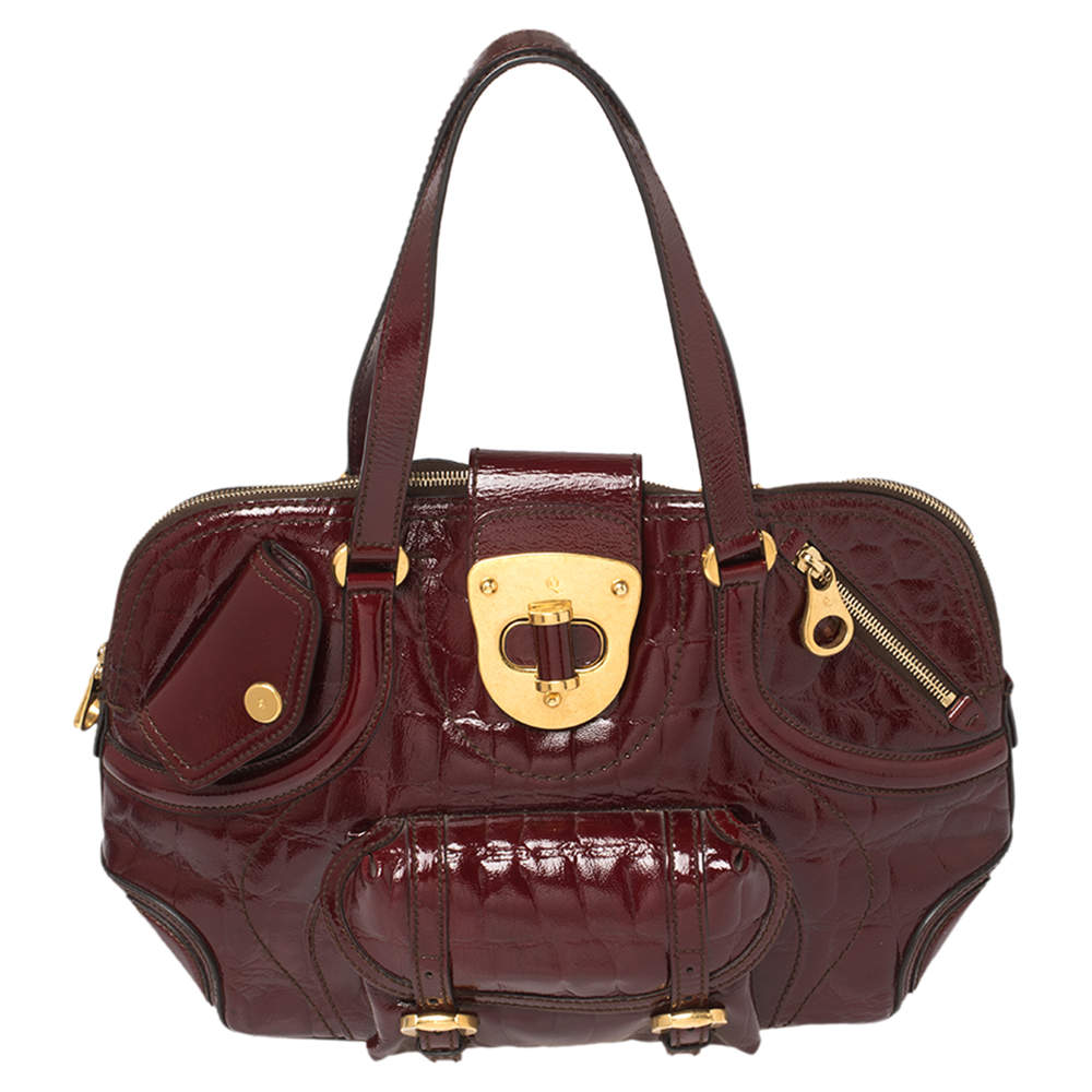 Pre Owned Alexander McQueen Burgundy Croc Embossed Patent Leather Flapper Satchel
