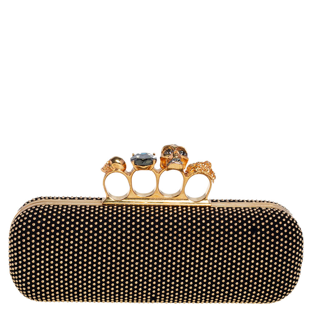 Pre Owned Alexander McQueen Black Suede Studded Skull Knuckle Clutch