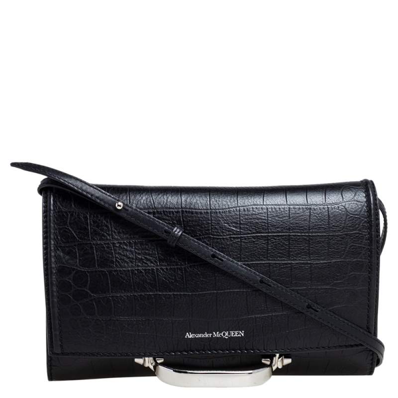 Alexander McQueen Black Croc Embossed Leather The Story Shoulder