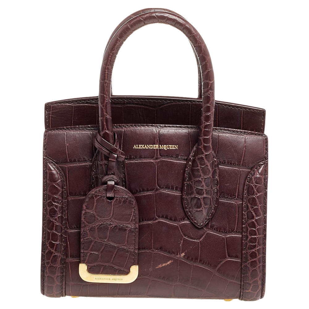 Pre Owned Alexander McQueen Burgundy Croc Embossed Leather Heroine 21 Satchel