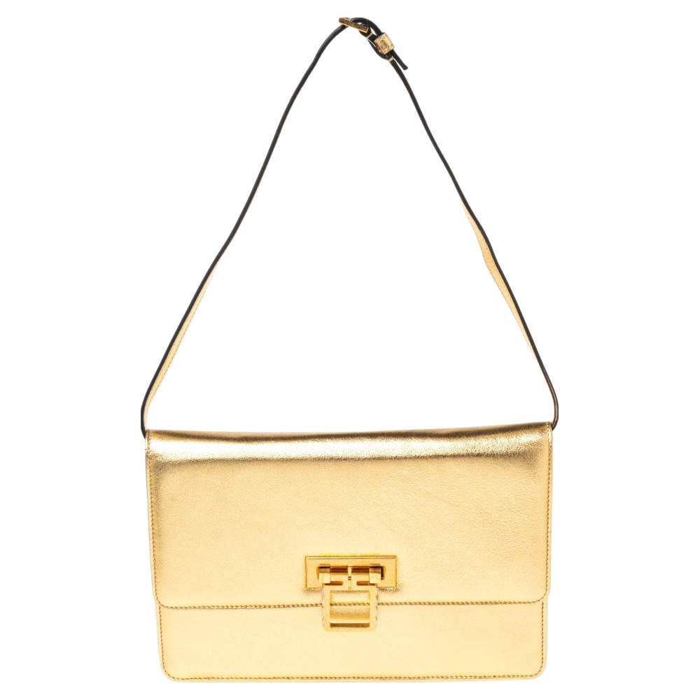 Pre Owned Alexander McQueen Metallic Gold Leather Crystal Embellished Flap Clutch Bag