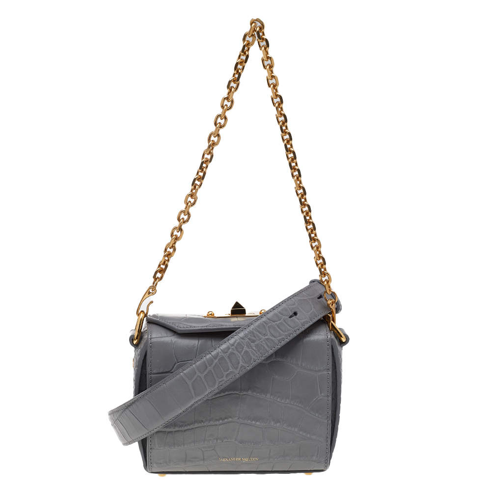 Pre Owned حقيبة كتف أليكساندر ماكوين بوكس جلد نقشة التمساح رصاصي 
