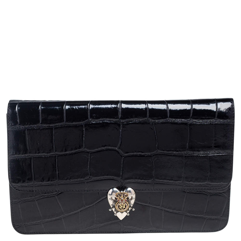 مملوكة مسبقًا Alexander McQueen Black Crocodile Embossed Leather Heart Lock Clutch