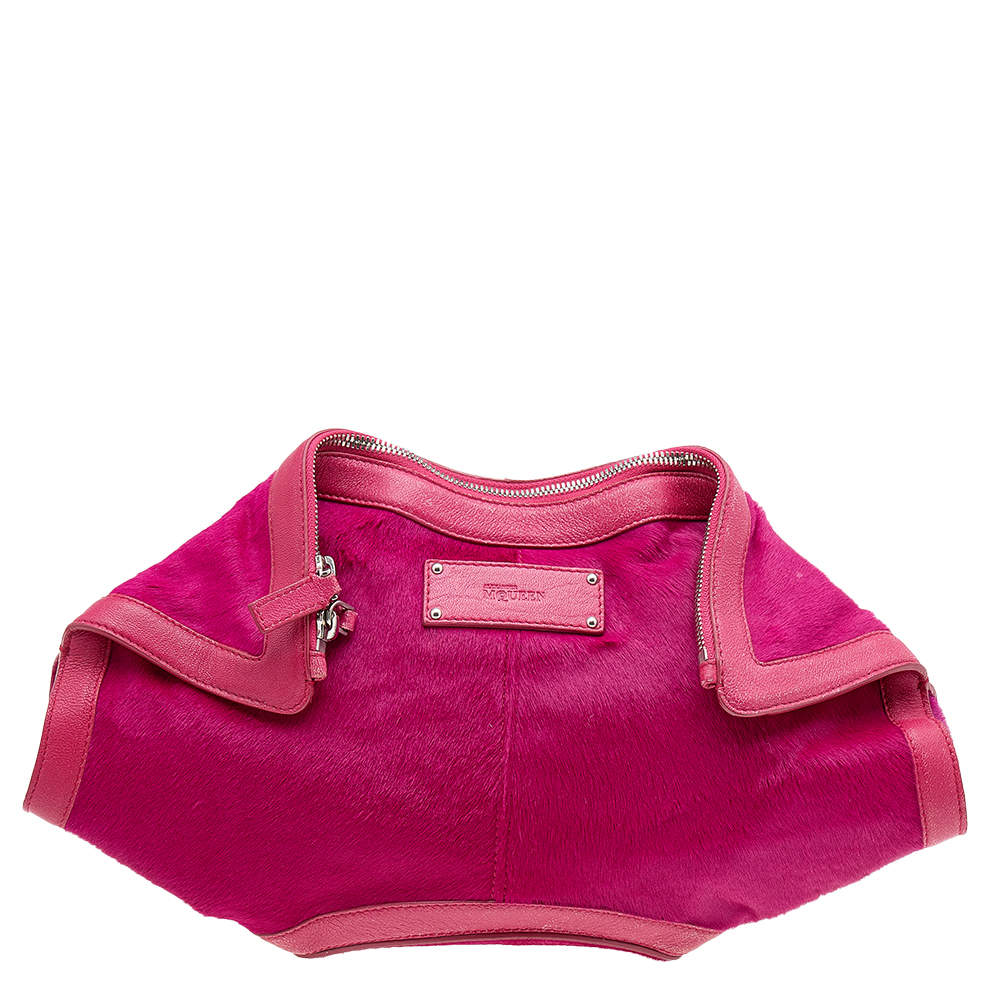 Pre Owned Alexander McQueen Pink Calf Hair And Leather Medium De Manta Clutch