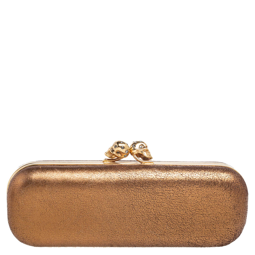 Pre Owned Alexander McQueen Gold Leather Skull Crystal Embellished Box Clutch