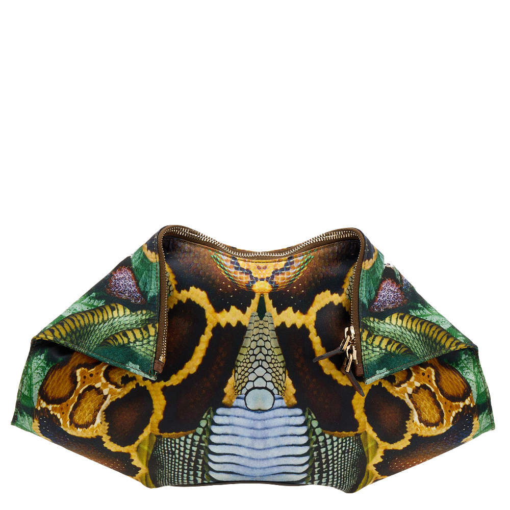 مملوكة مسبقًا Alexander McQueen Multicolor Print Satin and Leather Medium De Manta Clutch
