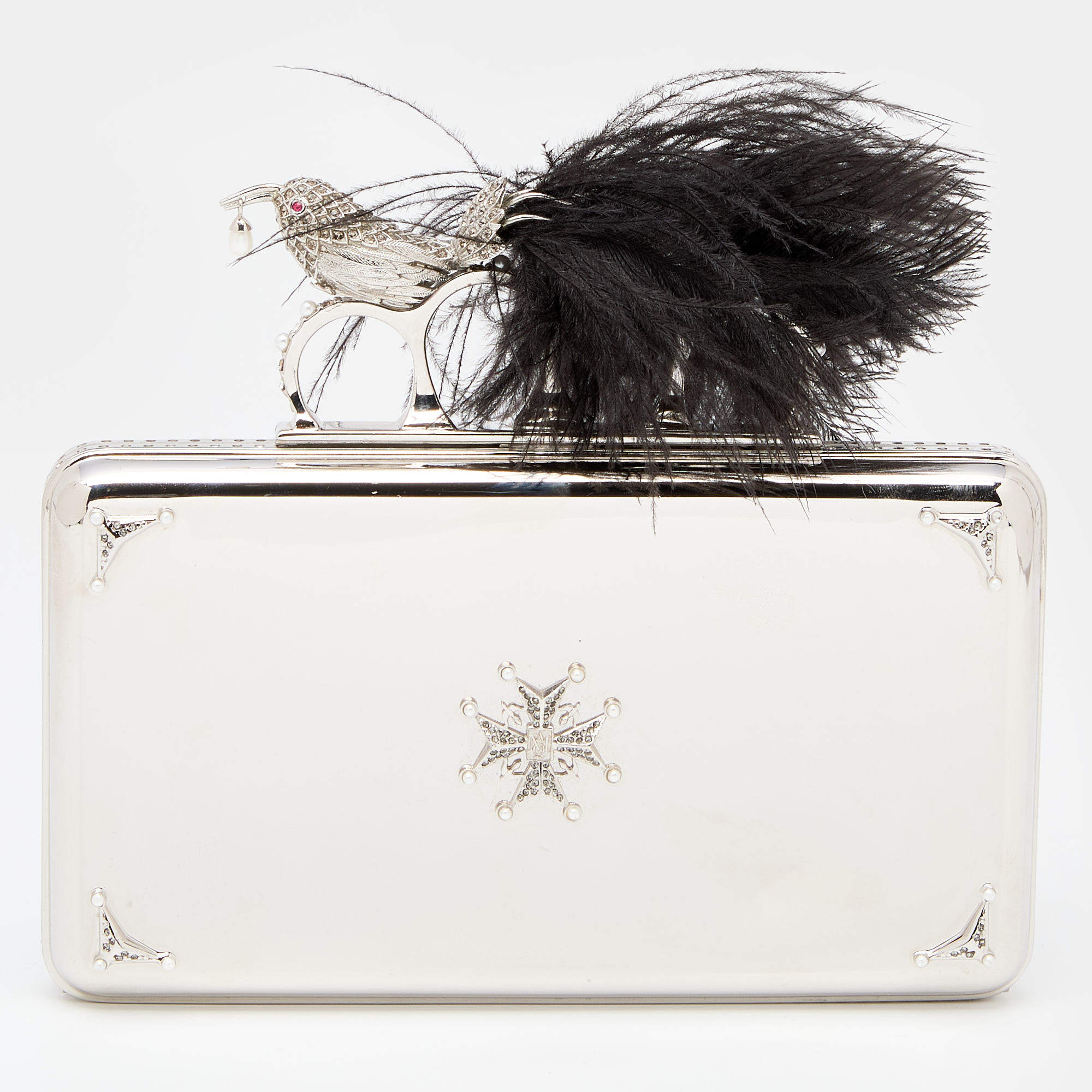 Pre Owned Alexander McQueen Silver Metal Bird with Feather Ring Knuckle Case