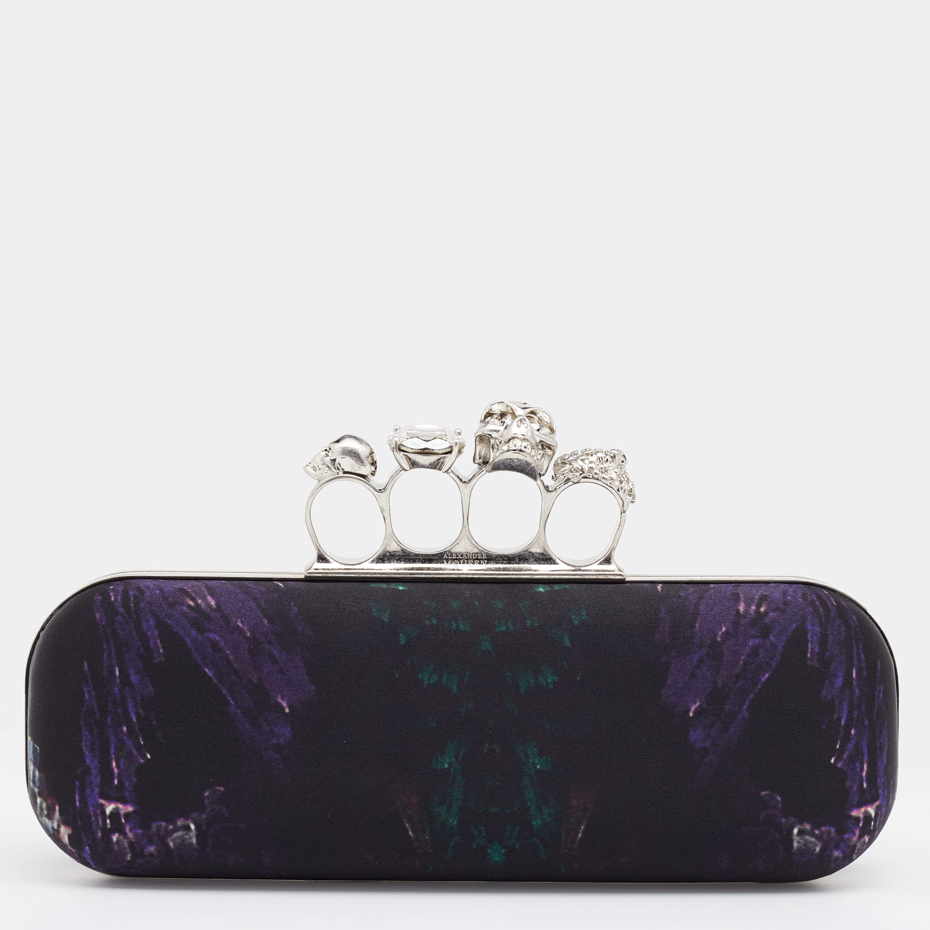 Pre Owned Alexander McQueen Black Print Satin Skull Knuckle Box Clutch