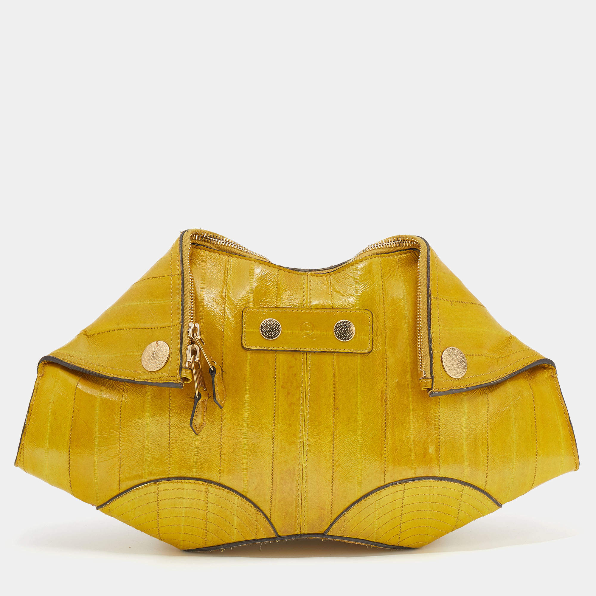 Pre Owned Alexander McQueen Yellow Eel Leather Medium De Manta Clutch