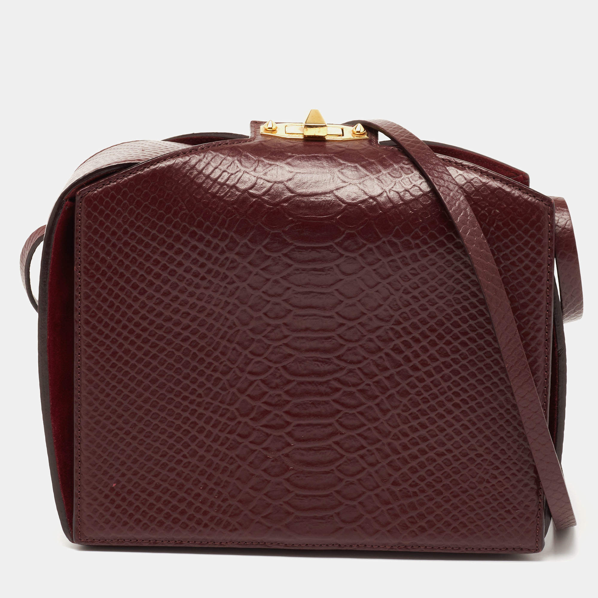 Pre Owned Alexander McQueen Burgundy Python Embossed Leather Box Shoulder Bag