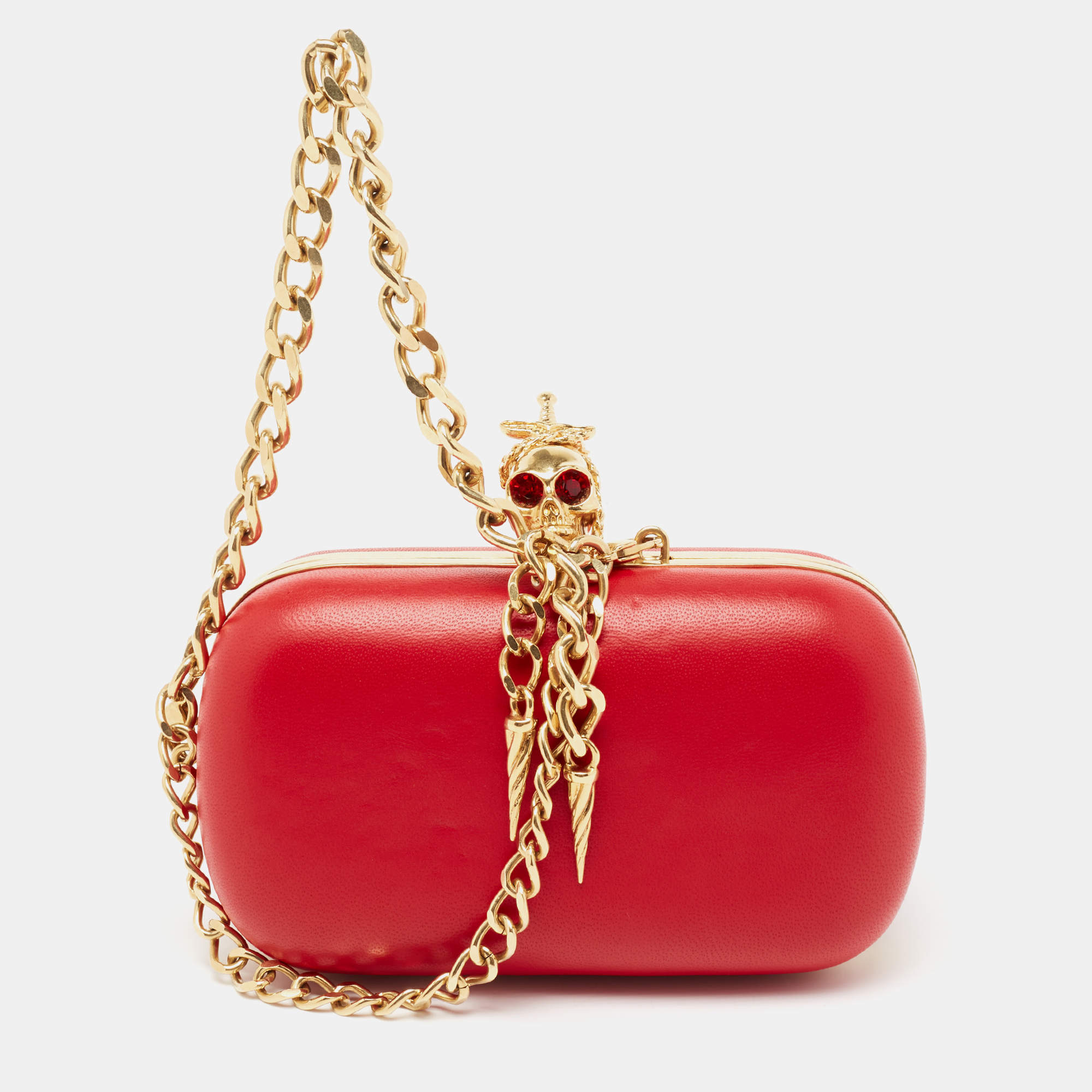 Pre Owned Alexander McQueen Red Leather Dagger Skull Box Clutch