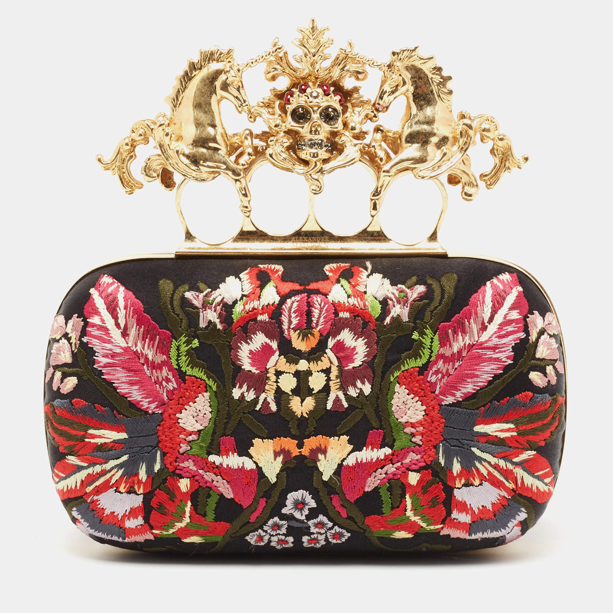 Pre Owned Alexander McQueen Black Satin Floral Embroidered Skull and Unicorn Knuckle Clutch