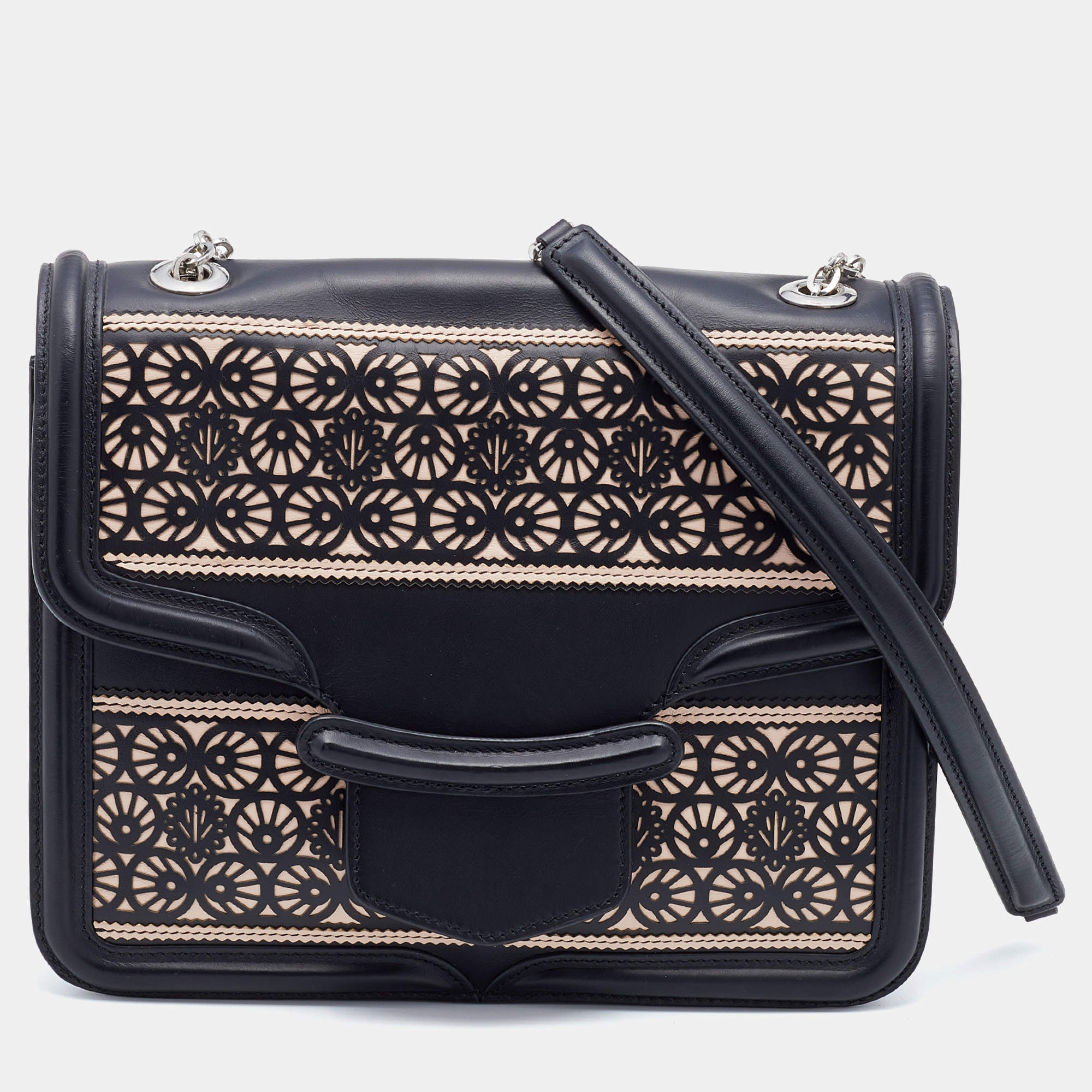 Pre Owned Alexander McQueen Black/Pink Laser Cut Leather Heroine Shoulder Bag