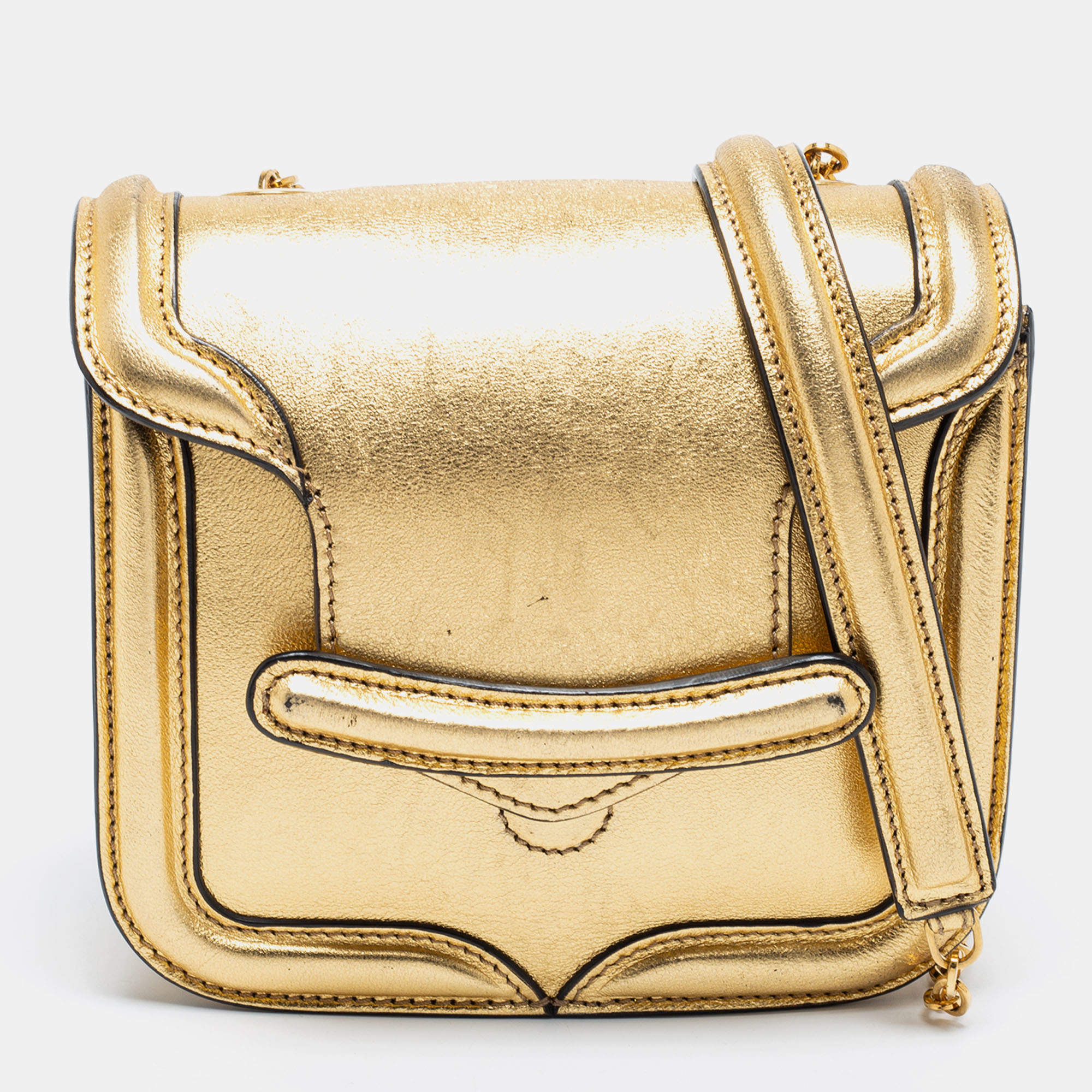 Pre Owned Alexander McQueen Metallic Gold Leather Mini Heroine Chain Crossbody Bag