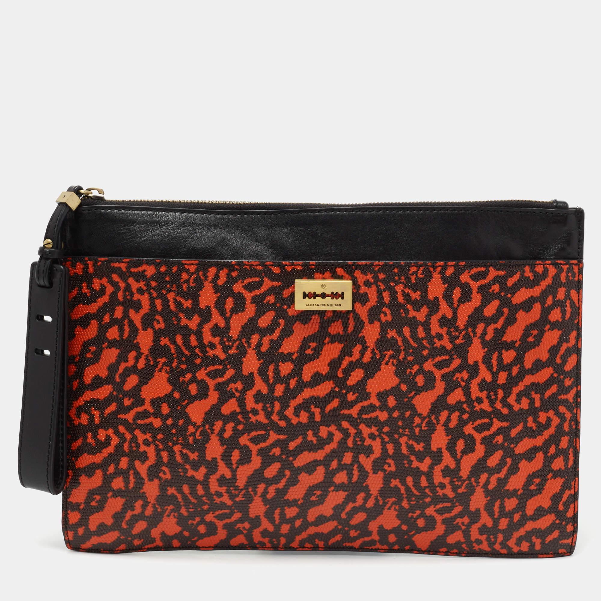 Pre Owned Alexander McQueen Black/Orange Animal Print Leather Clutch