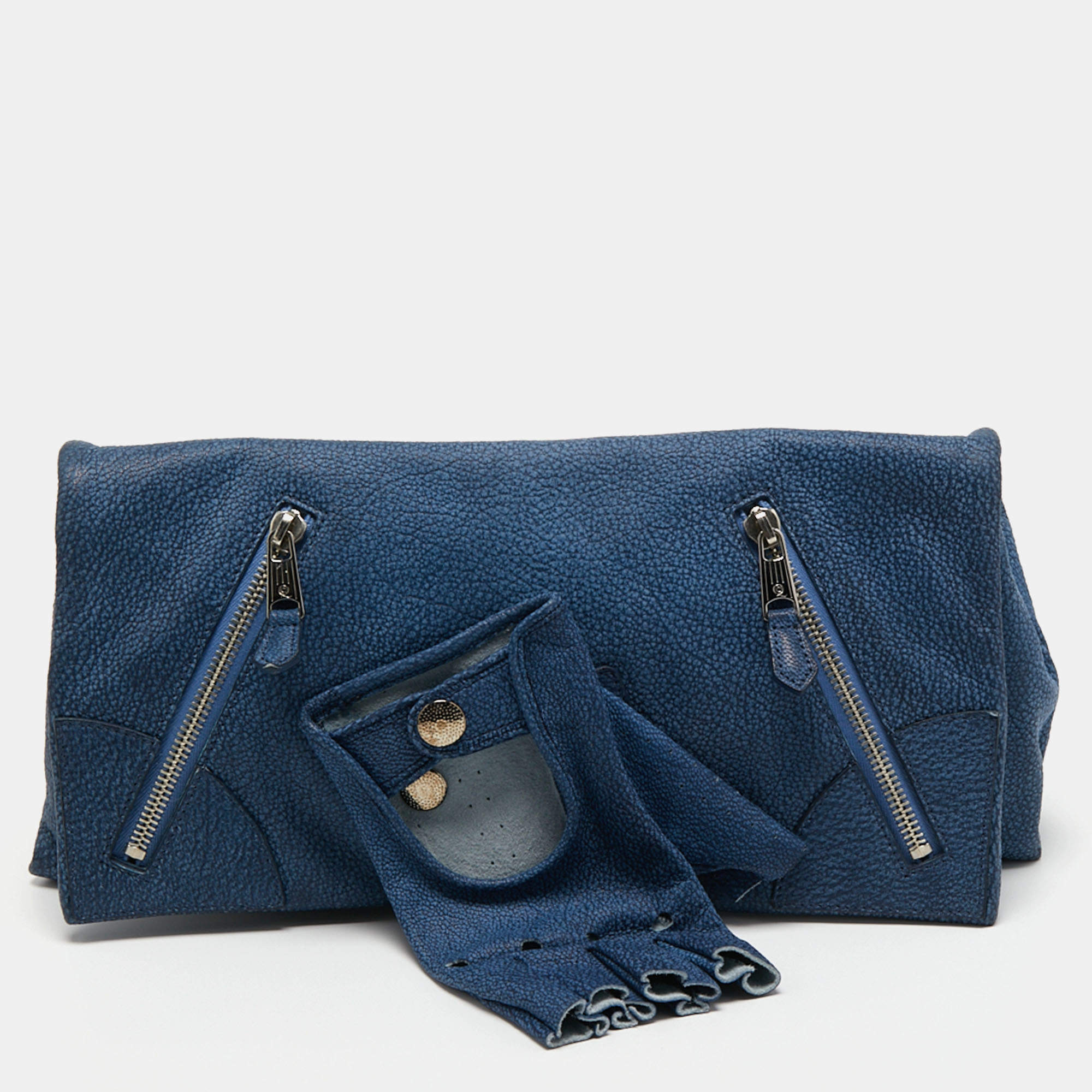 Pre Owned Alexander McQueen Blue Leather Faithful Glove Clutch