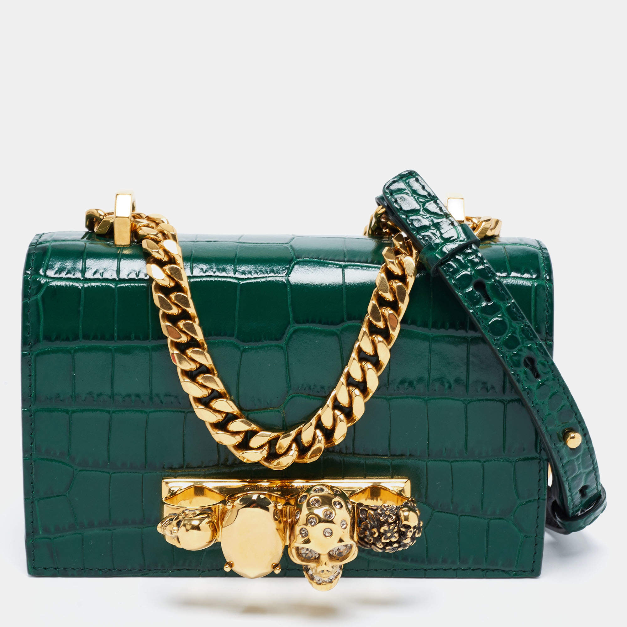 Pre Owned Alexander McQueen Green Croc Embossed Leather Skull Ring Shoulder Bag