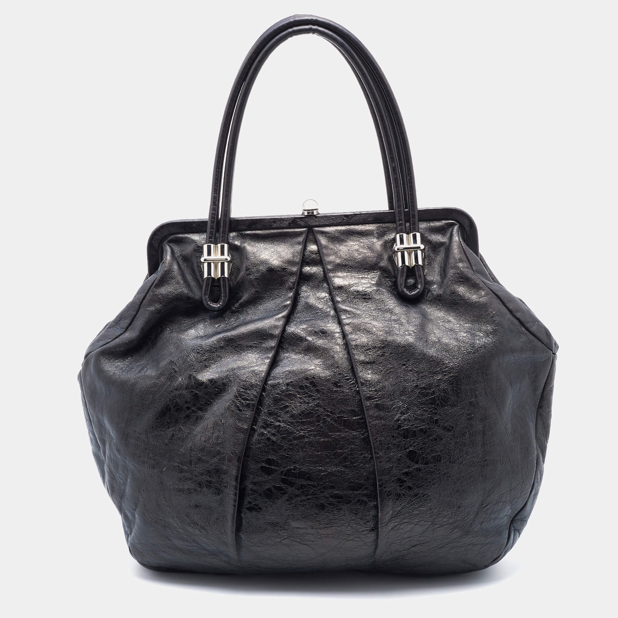 Alexander McQueen Metallic Black Leather Frame Satchel