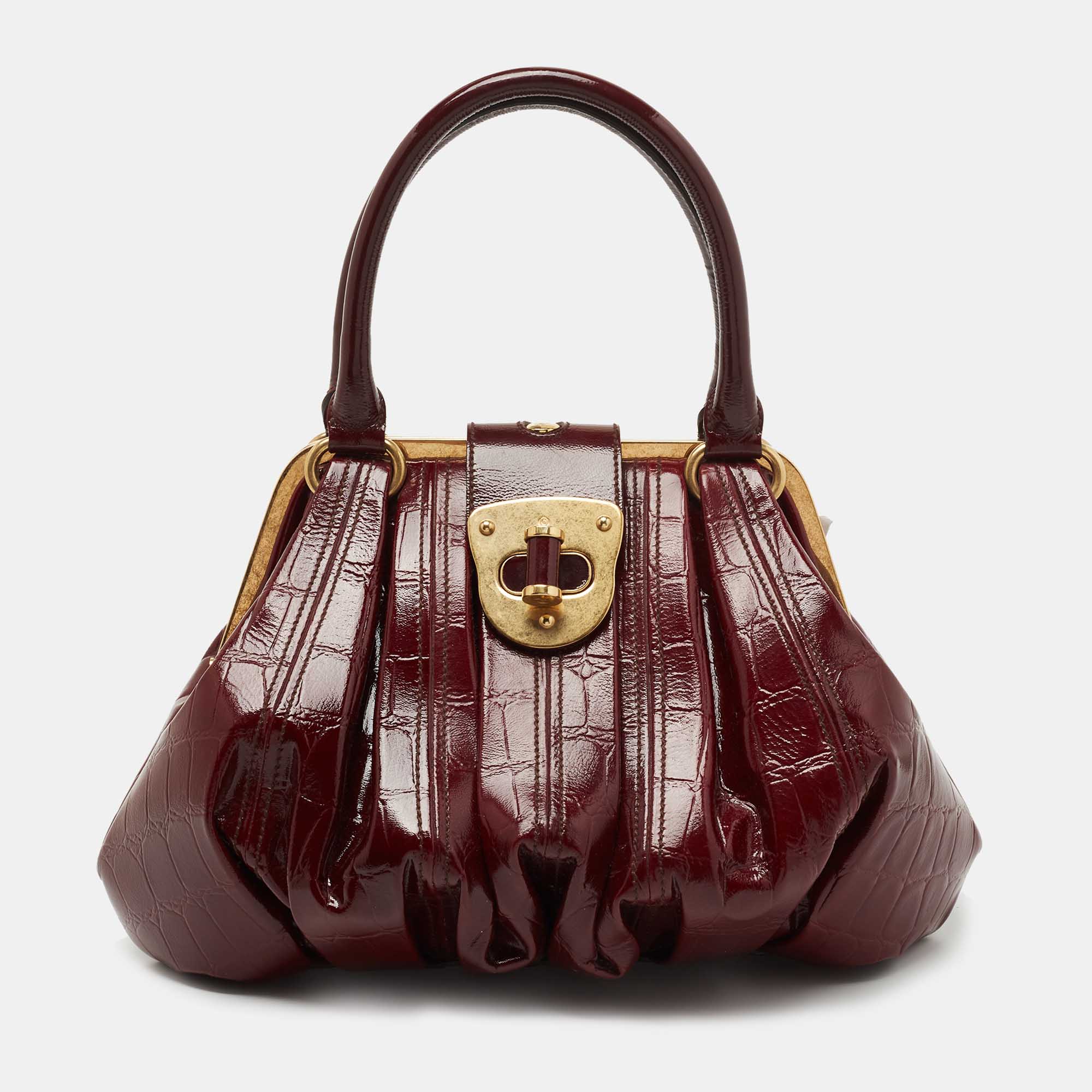 Pre Owned Alexander McQueen Burgundy Croc Embossed Leather Elvie Satchel