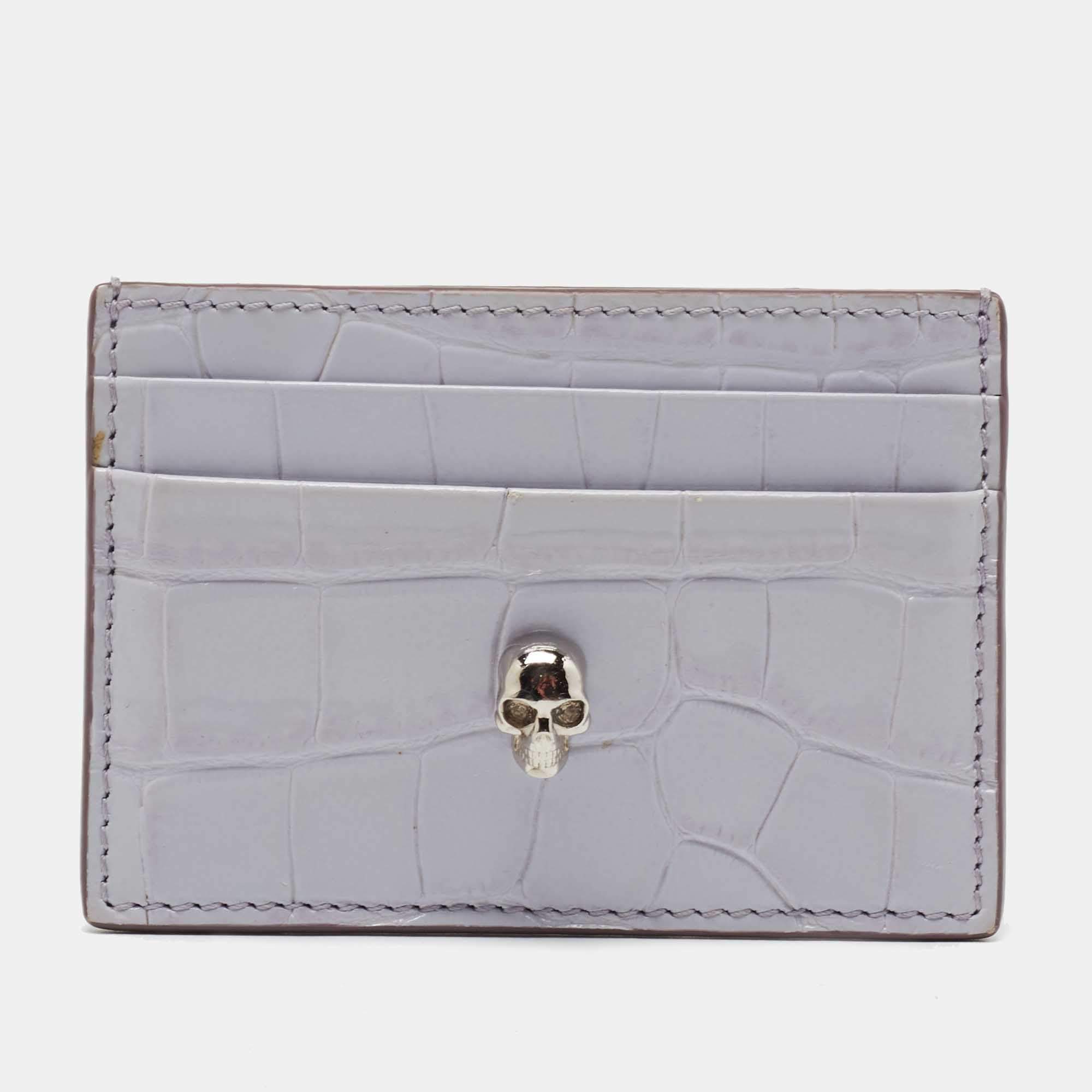 Alexander McQueen Lilac Crocodile Embossed Leather Skull Card Holder