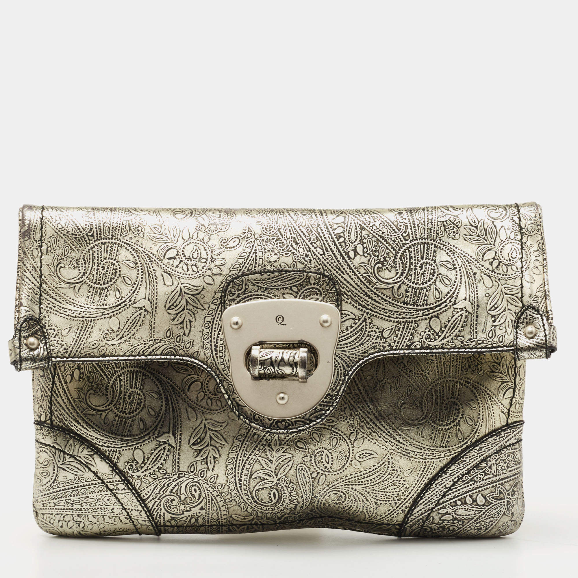 Pre Owned Alexander McQueen Silver Leather Paisley Novak Clutch
