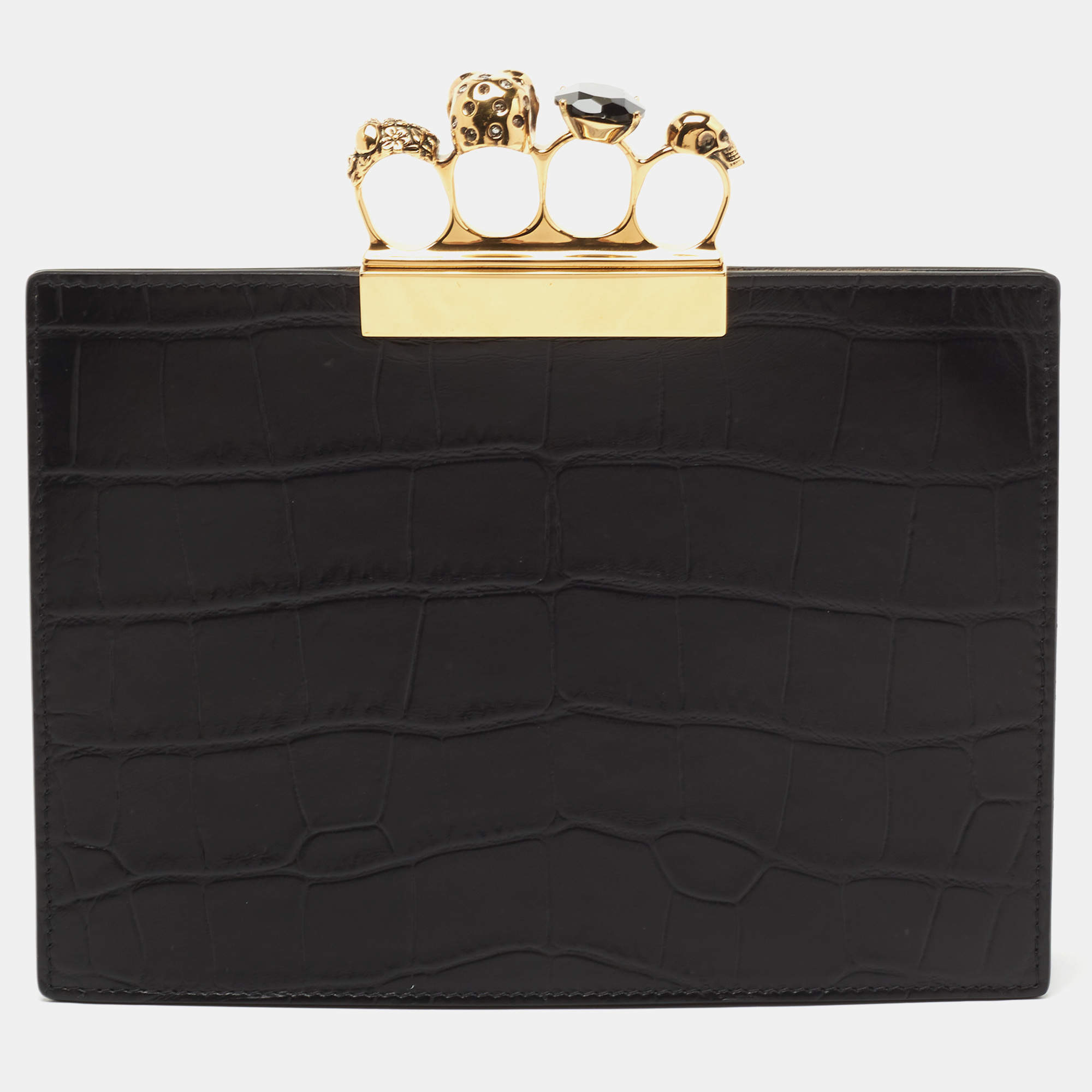 Pre Owned Alexander McQueen Black Embossed Croc Leather Skull Knuckle Duster Clutch