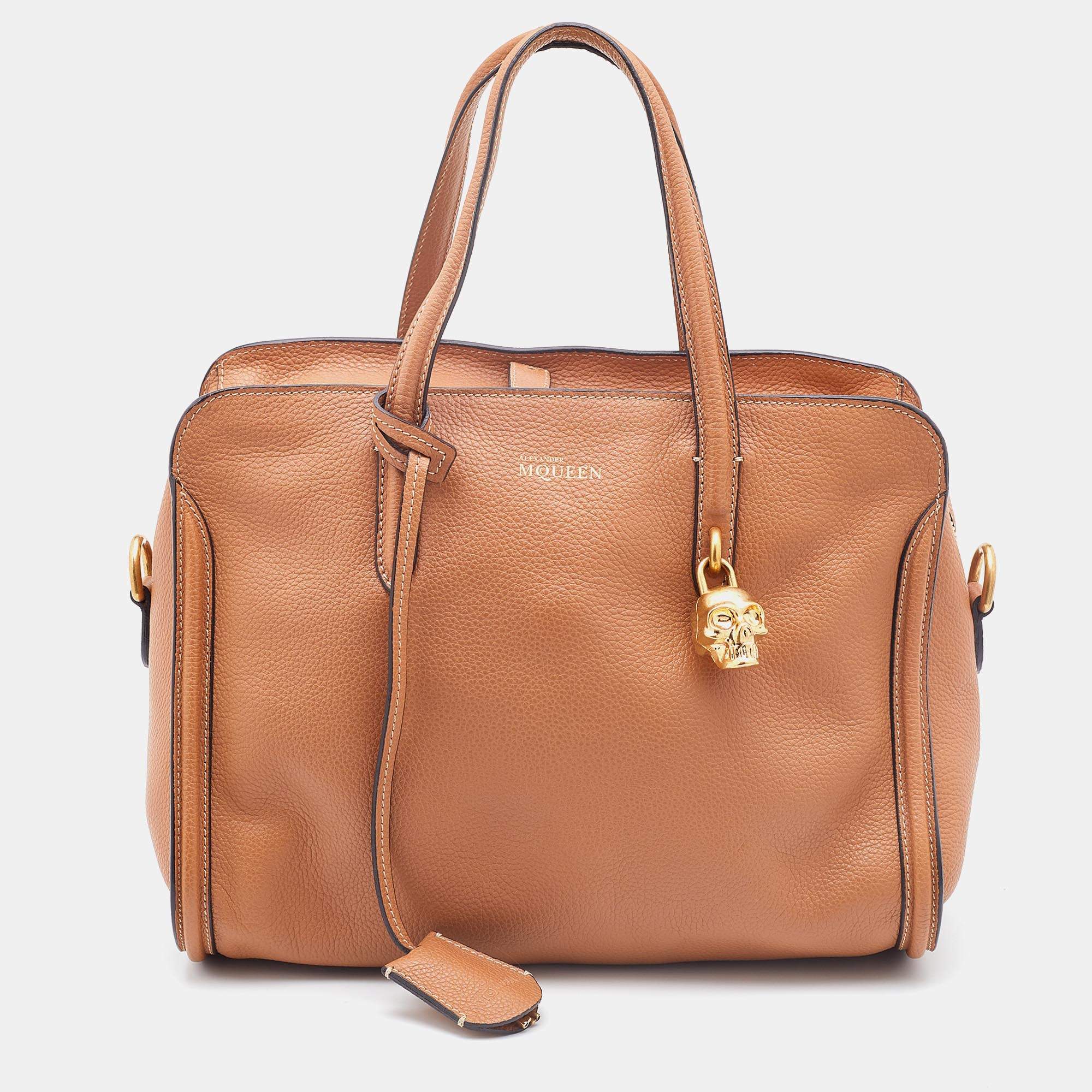 Pre Owned Alexander McQueen Brown Leather Skull Padlock Satchel