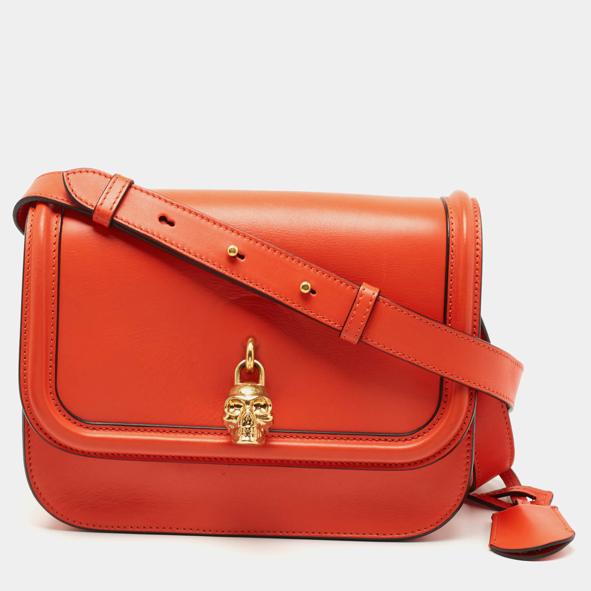 Pre Owned Alexander McQueen Orange Leather Skull Padlock Shoulder Bag
