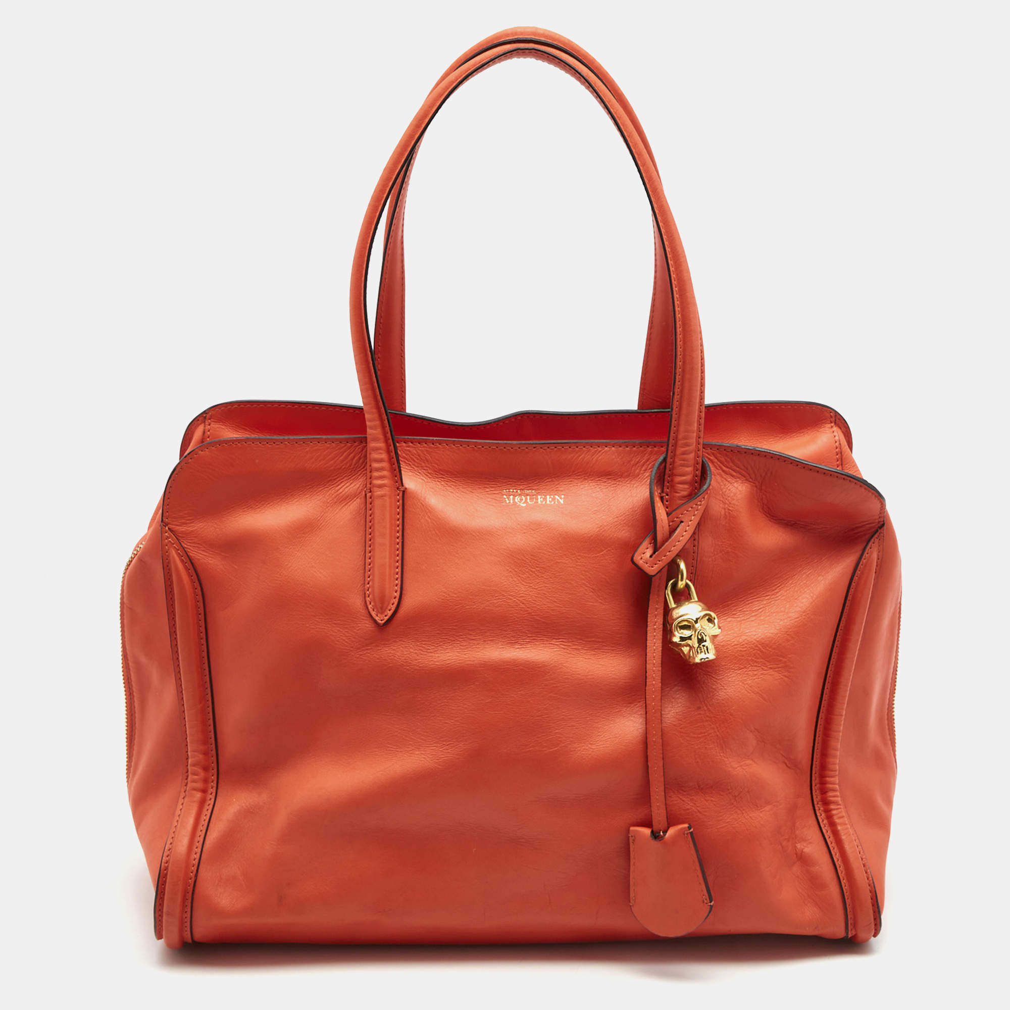 Pre Owned Alexander Mcqueen Orange Leather Large Skull Padlock Tote