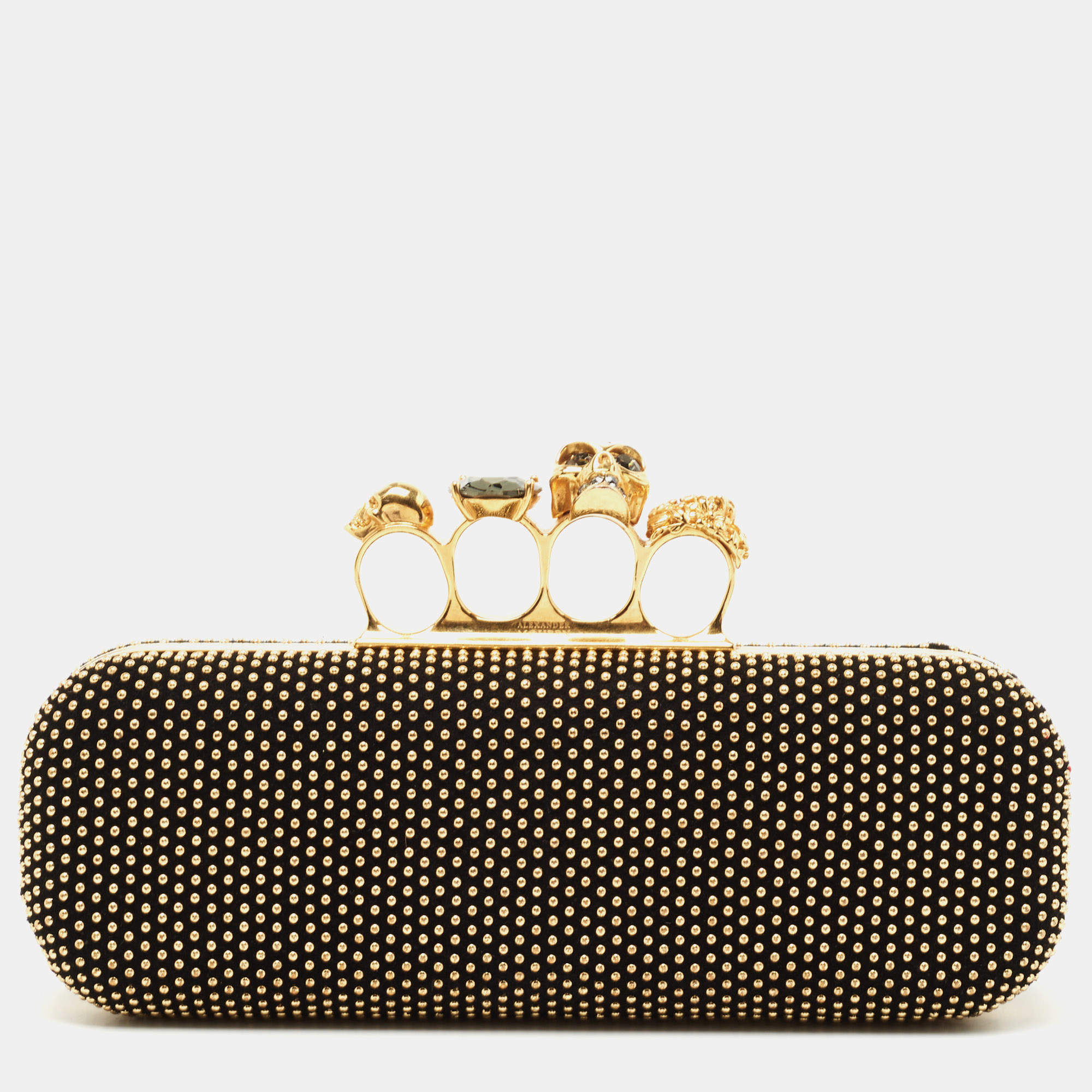 Alexander McQueen Black Suede Studded Skull Knuckle Box Clutch