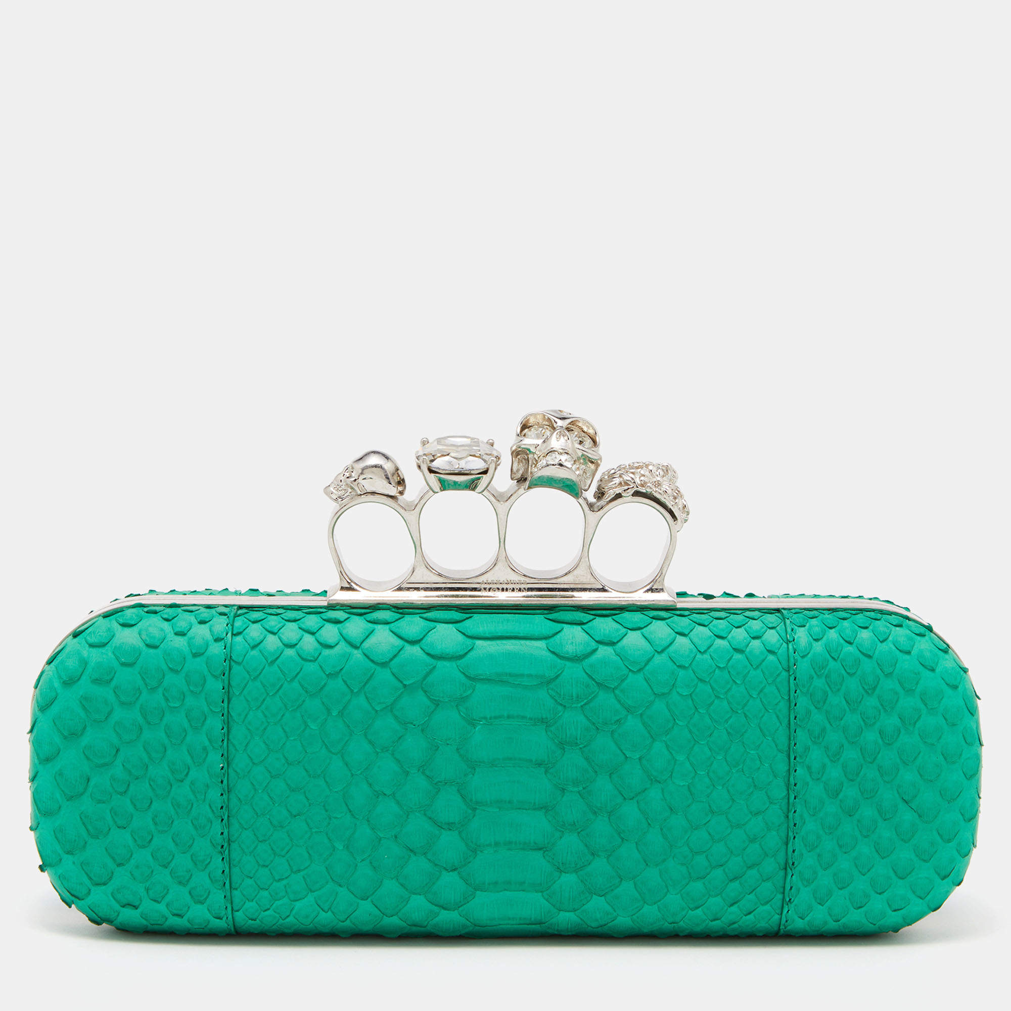 Alexander McQueen Green Python Skull Knuckle Box Clutch