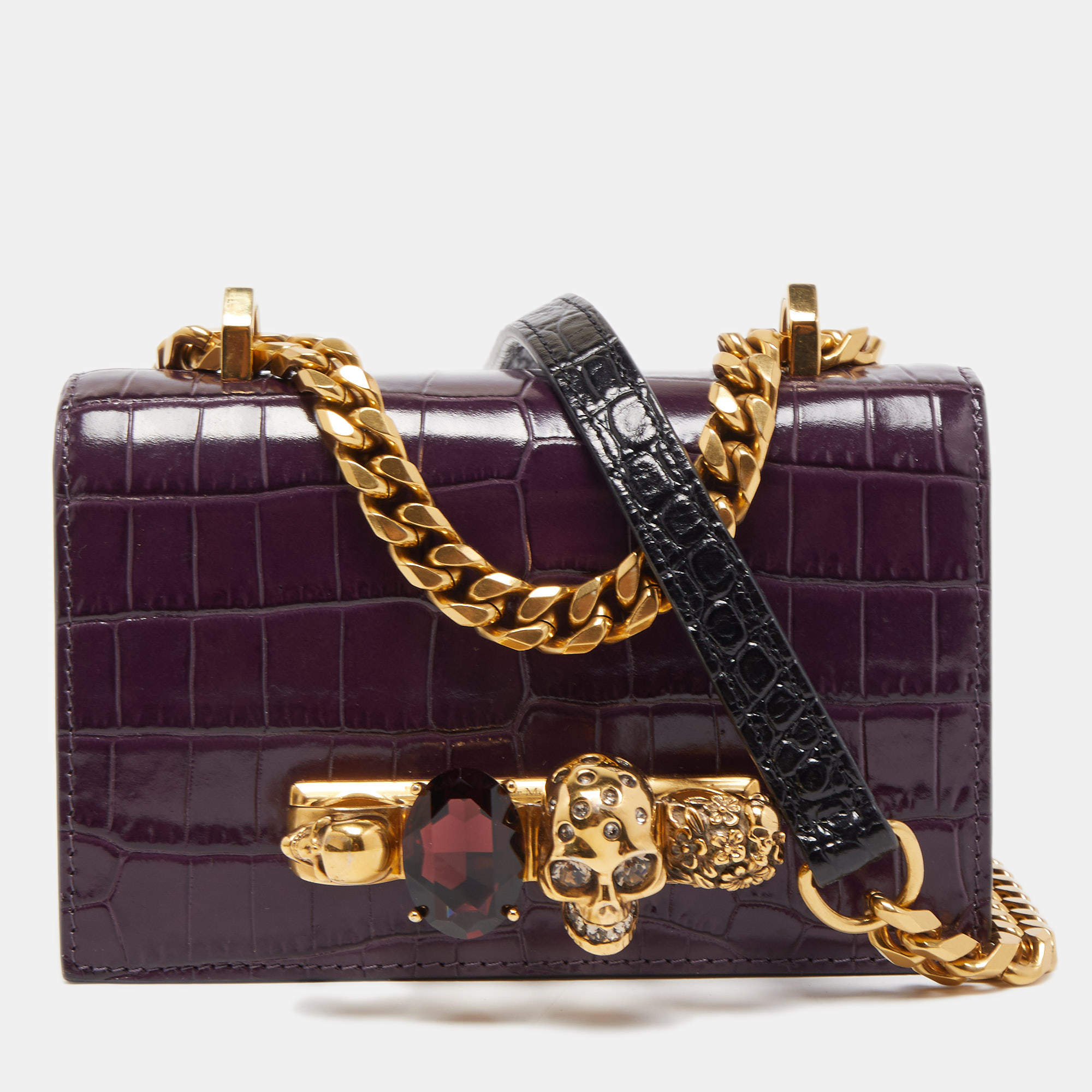 Pre Owned Alexander McQueen Purple Croc Embossed Leather Skull 4ring Shoulder Bag