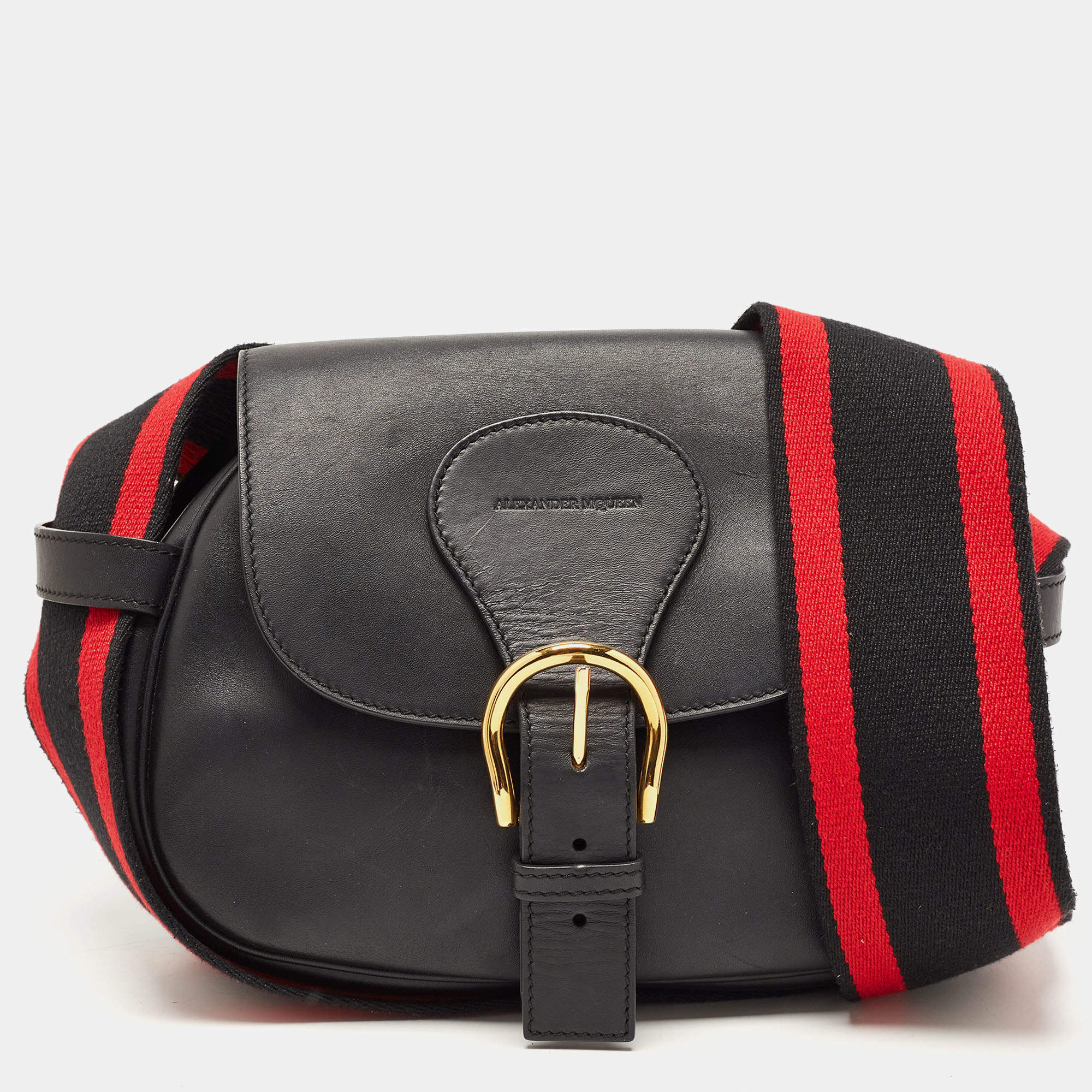 Pre Owned Alexander McQueen Black/Red Leather Buckle Flap Crossbody Bag