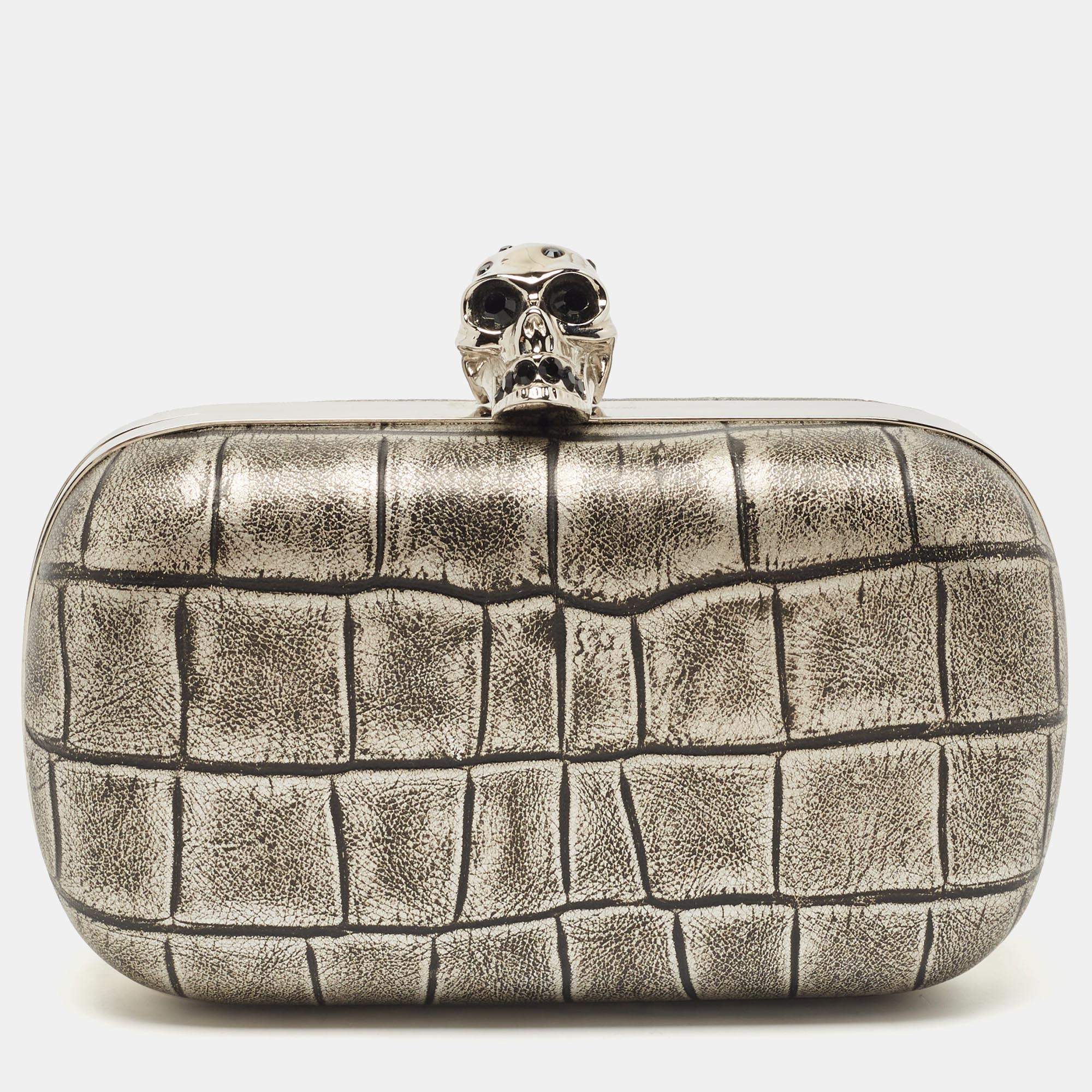 Alexander McQueen Grey/Black Croc Embossed Leather Skull Box Clutch