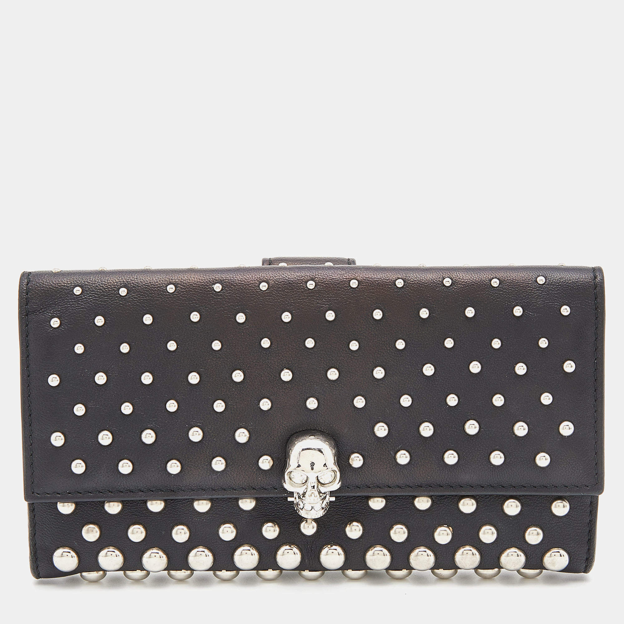Alexander McQueen Black Leather Studded Skull French Wallet
