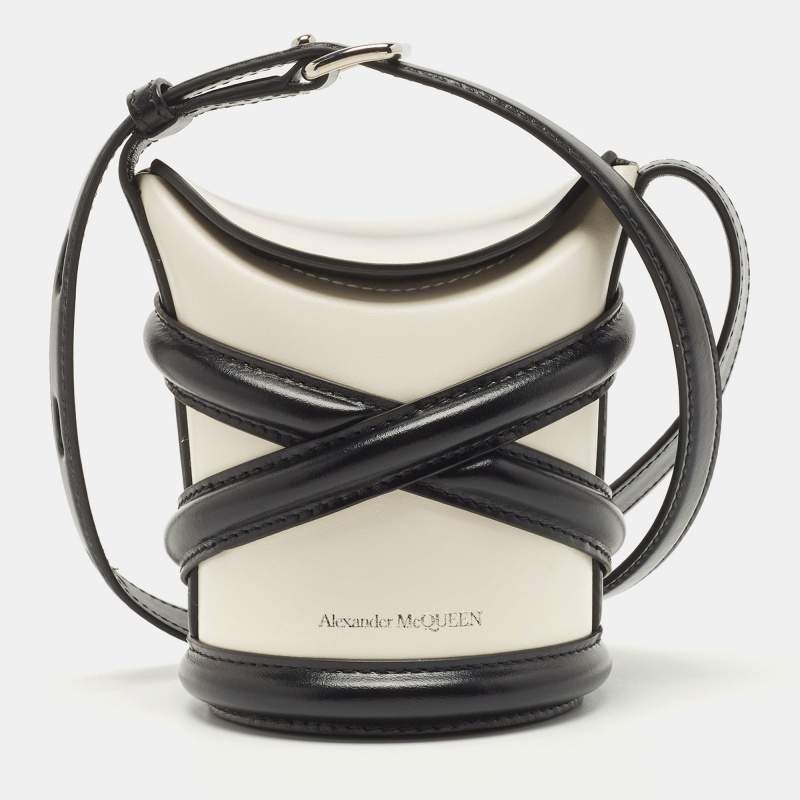 Alexander McQueen White/Black Leather Micro The Curve Bucket Bag