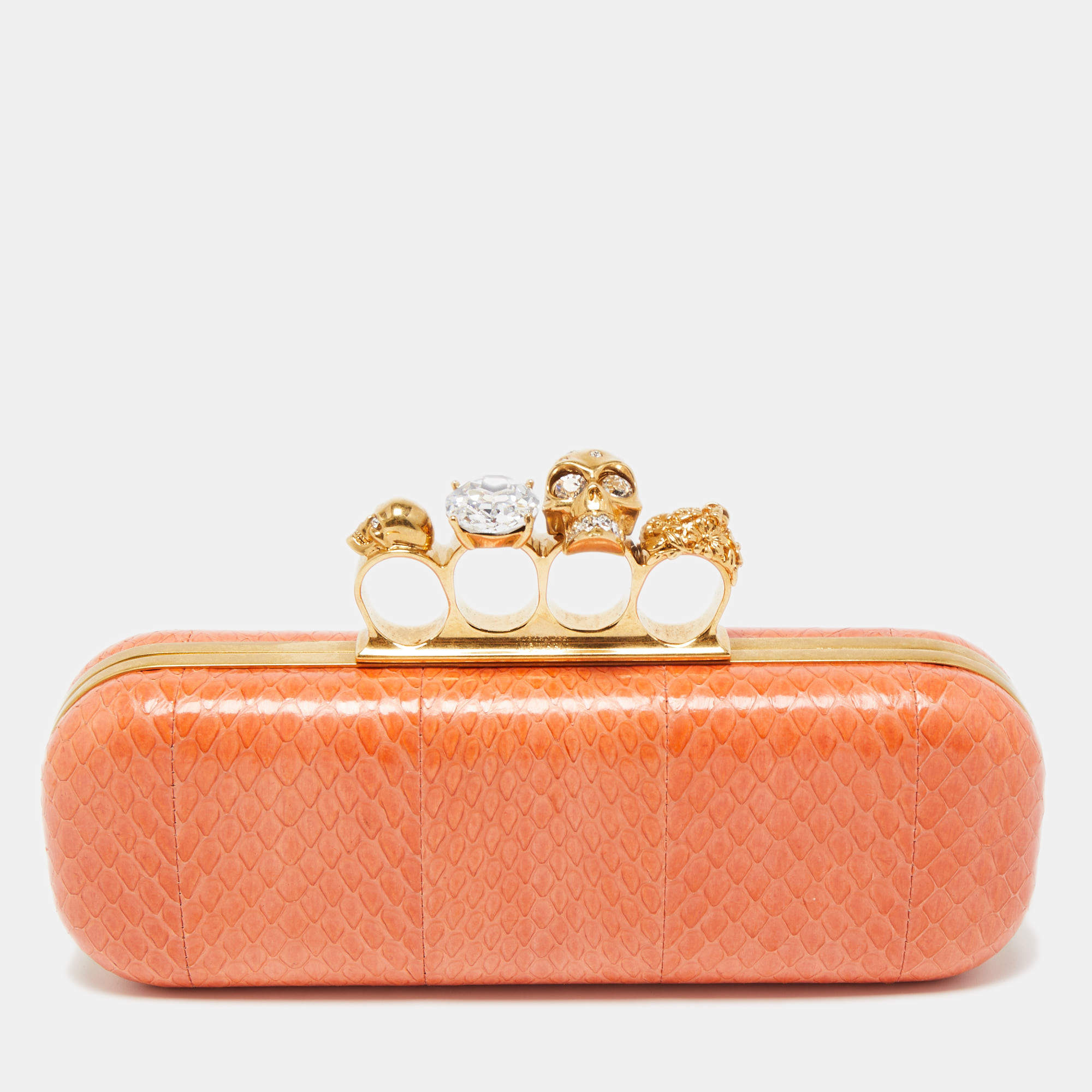 Alexander McQueen Orange Watersnake Leather Skull Knuckle Box Clutch